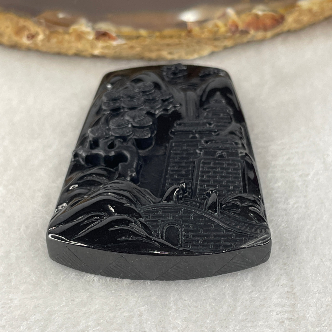 Certified Natural Type A Black Omphacite Jadeite Pagoda Shan Shui with Guiren Benefactor Pendant 22.04g 52.7 by 36.6 by 8.0mm