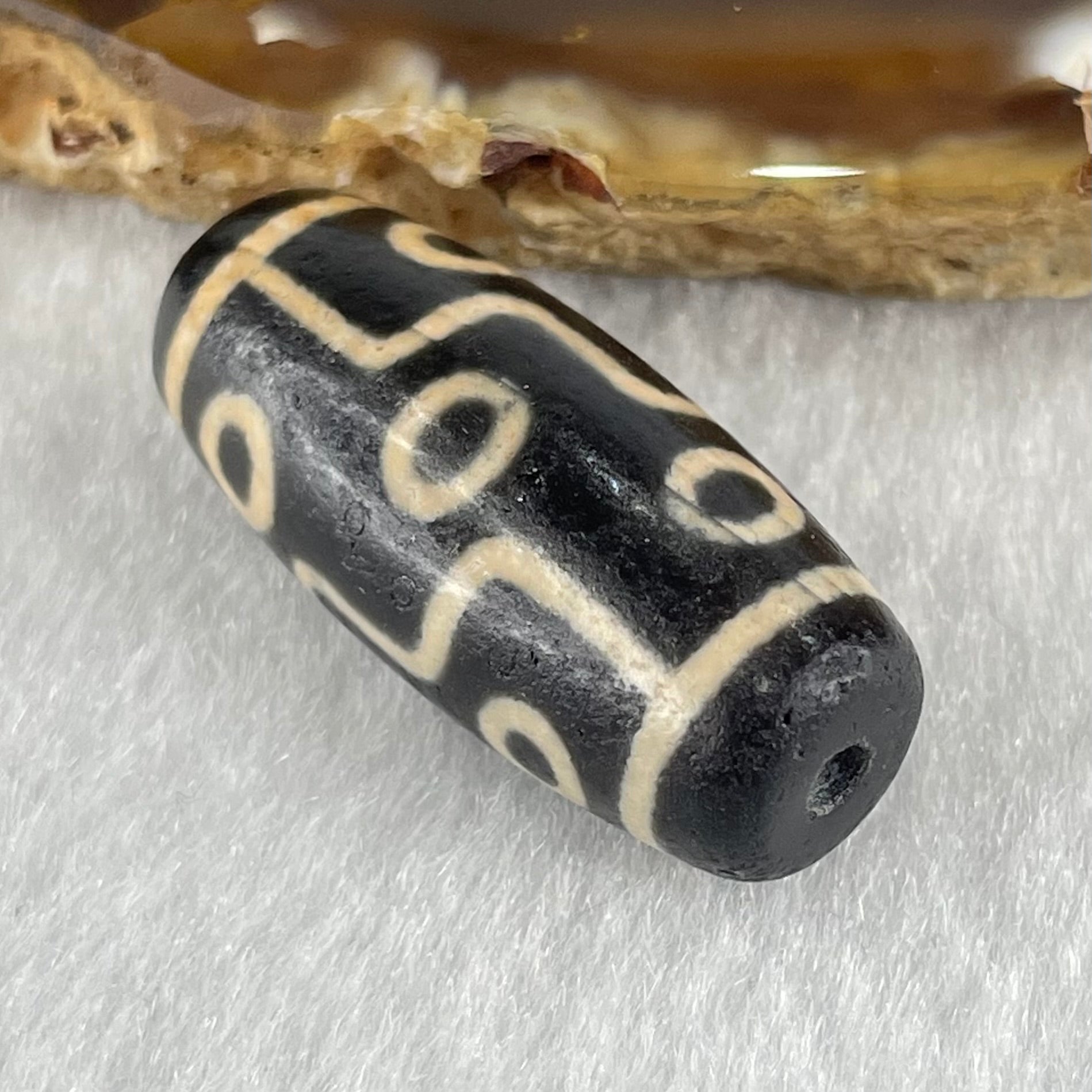 Natural Powerful Tibetan Old Oily Dark Brown with Yellowish White Agate 9 Eyes Dzi Bead Heavenly Master (Tian Zhu) 九眼天诛 7.02g 28.1 by 12.6mm - Huangs Jadeite and Jewelry Pte Ltd