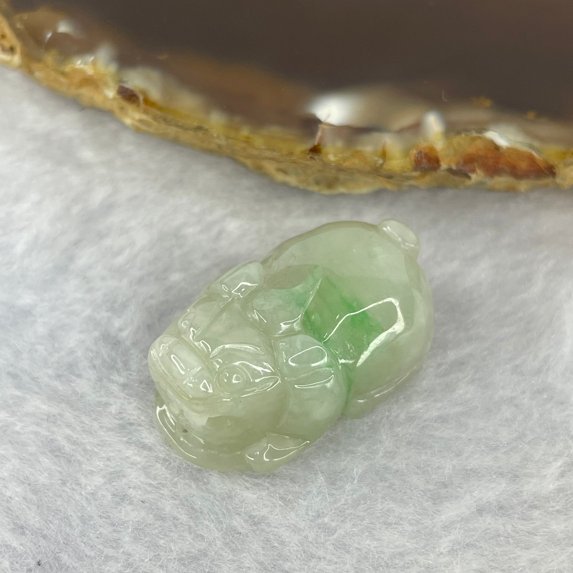 Type A Light Green With Apple Green Patches Jadeite Pixiu Pendent A货浅绿加苹果绿飘花翡翠貔貅牌 10.03g 25.2 by 15.5 by 11.8 mm - Huangs Jadeite and Jewelry Pte Ltd