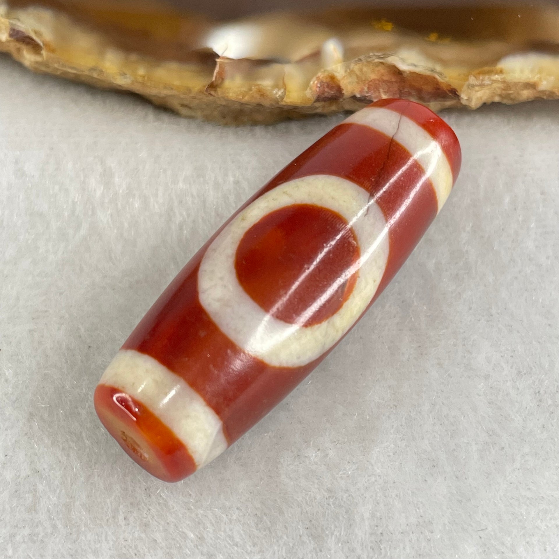 Natural Powerful Tibetan Old Oily Red White Agate One Eye Gold Metal Element Dzi Bead Heavenly Master (Tian Zhu) 一眼金天珠 10.95g 37.5 by 13.6mm - Huangs Jadeite and Jewelry Pte Ltd