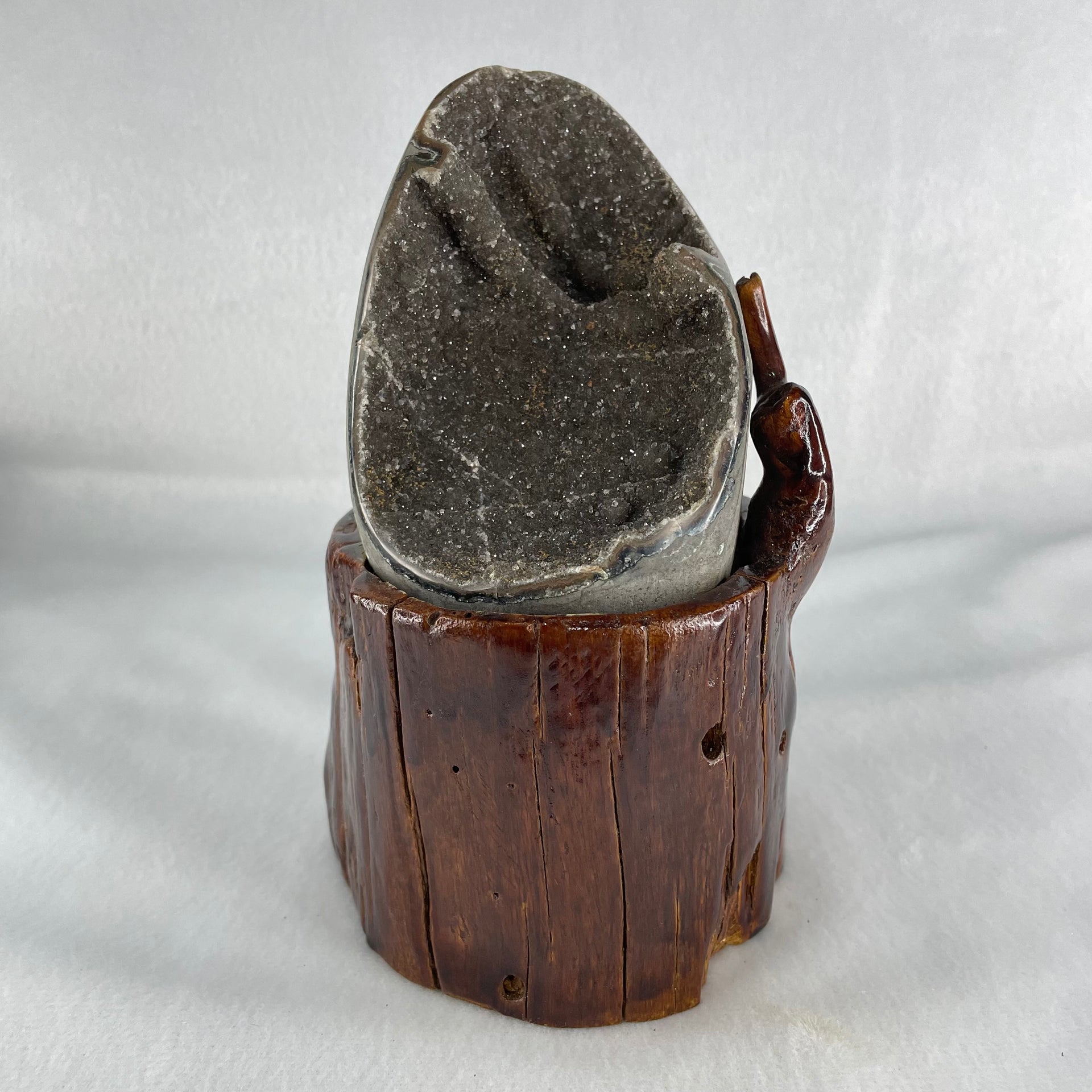 Natural Amethyst Cave with Wooden Stand 844.6g 96.5 by 106.5 by 150.0mm - Huangs Jadeite and Jewelry Pte Ltd