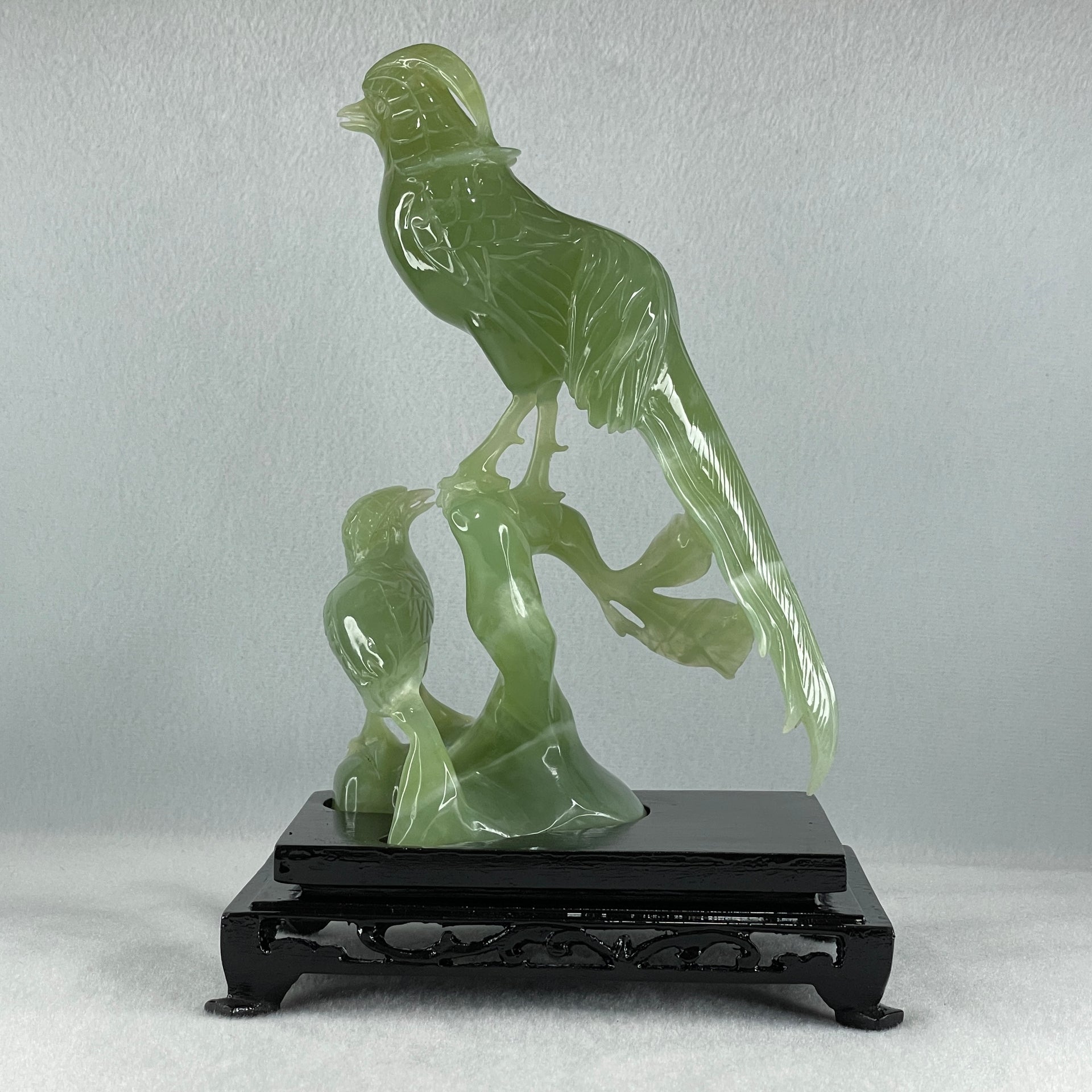 Natural Green Serpentine Phoenix with Bird with Wooden Stand Display 678.9g L155.0 by B105.0 by H226.0 mm - Huangs Jadeite and Jewelry Pte Ltd