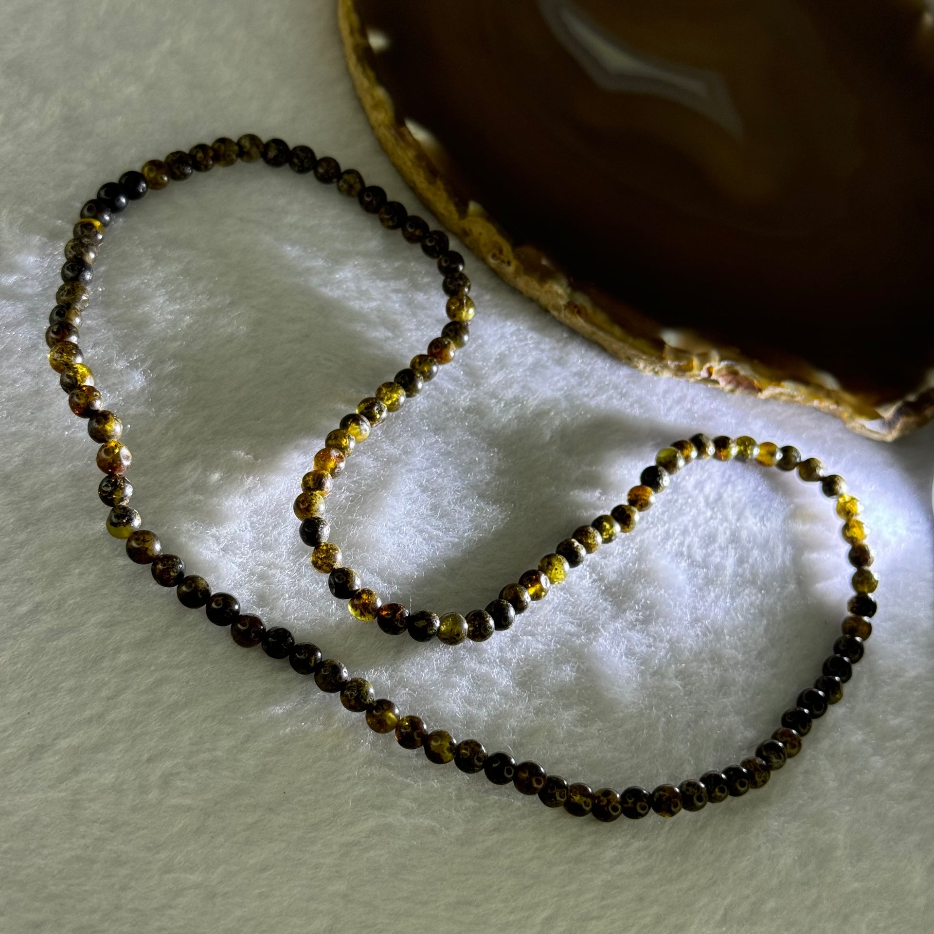 Natural Dark Brown Flower Amber Beads Elastic Necklace 7.50g 50cm 5.2mm 107 Beads - Huangs Jadeite and Jewelry Pte Ltd