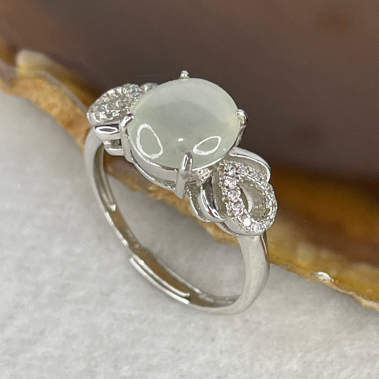 Type A Icy Pure White Jadeite Cabochon Ring | Liquid-Glass Translucent Cushion Orb | Solid S925 Sterling Silver Setting | Smart Adjustable Sizing (2.70g 9.5x8.6x3.5mm)