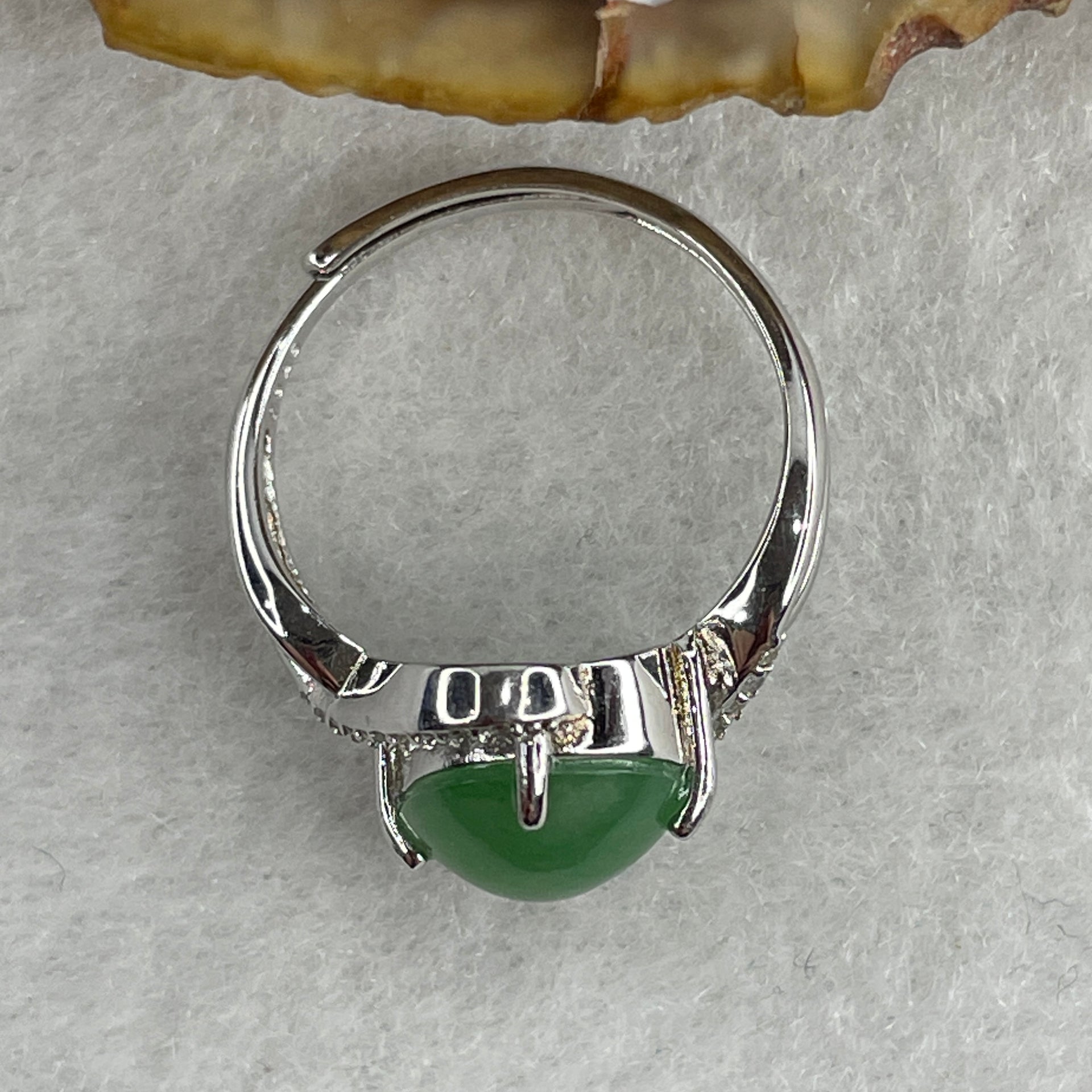 Type A Green Jadeite Ring in S925 Sliver with Cubic Zirconia 2.67g 9.5 by 8.7 by 4.0mm (Adjustable Size) - Huangs Jadeite and Jewelry Pte Ltd
