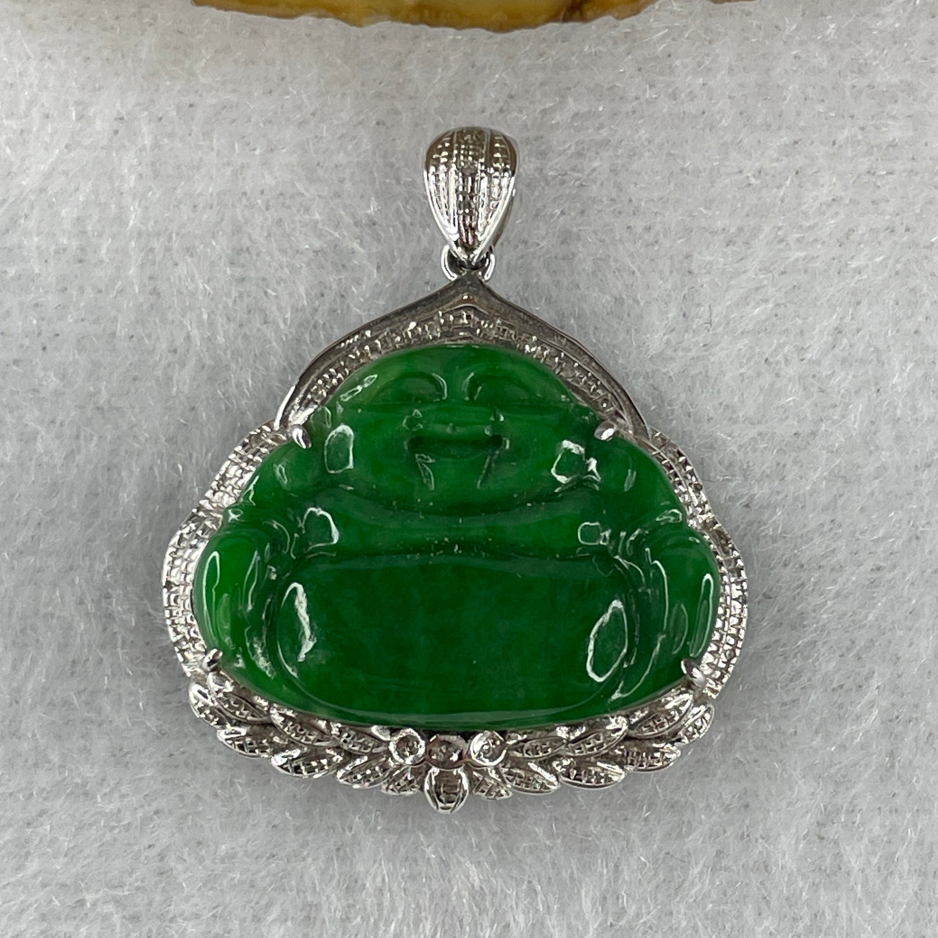 Type A Burmese Intense Green Jadeite Milo Laughing Buddha Pendant Setting 18k White Gold with Diamonds 3.40g 28.0 by 24.4 by 6.7mm - Huangs Jadeite and Jewelry Pte Ltd