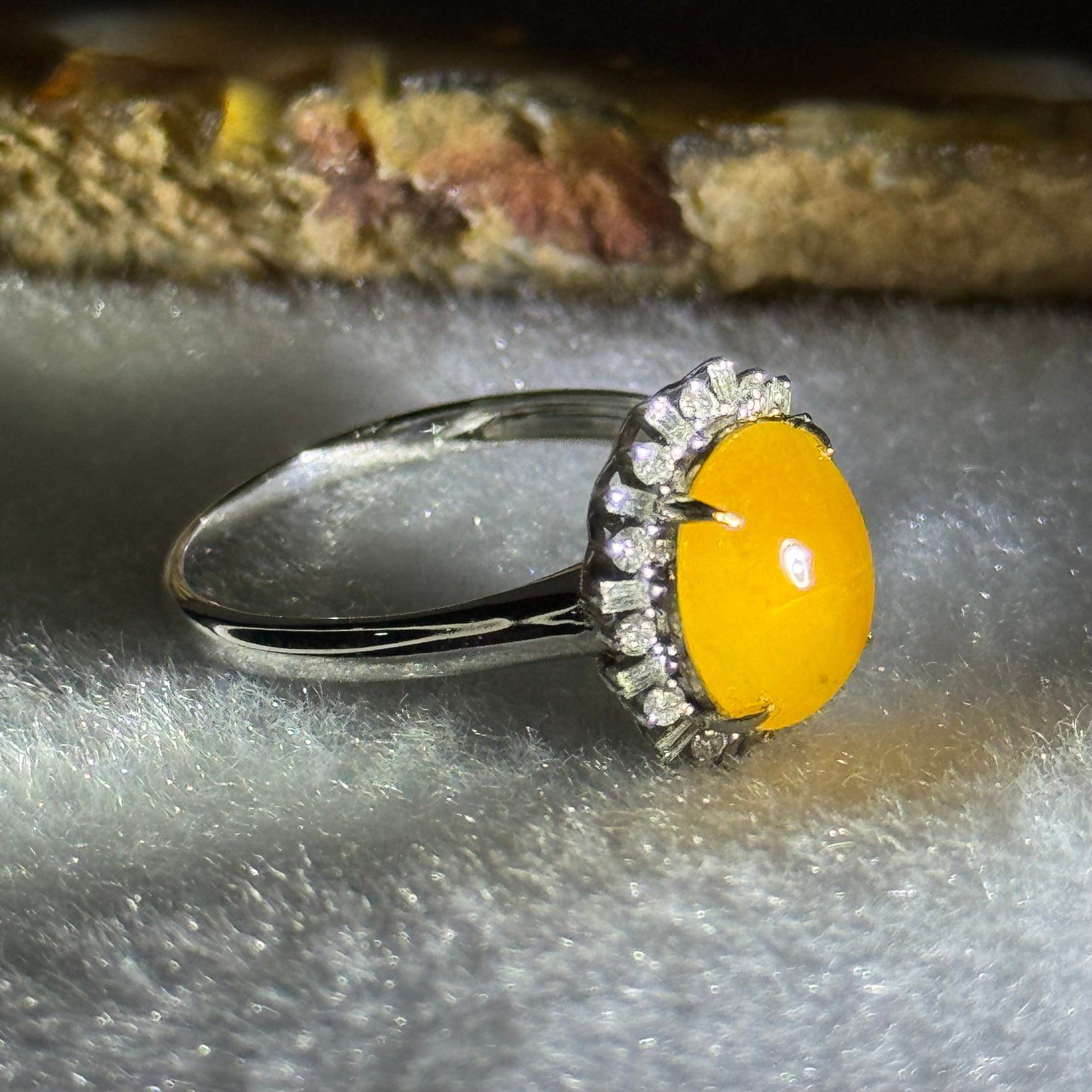 Certified Rare Type A Semi Icy Yellow Jade Jadeite 9.6 by 7.9 by 3mm Ring in 18k white gold, natural diamonds and sapphires 2.95g US6.75 HK14.5 Inner Diameter 17.5mm - Huangs Jadeite and Jewelry Pte Ltd