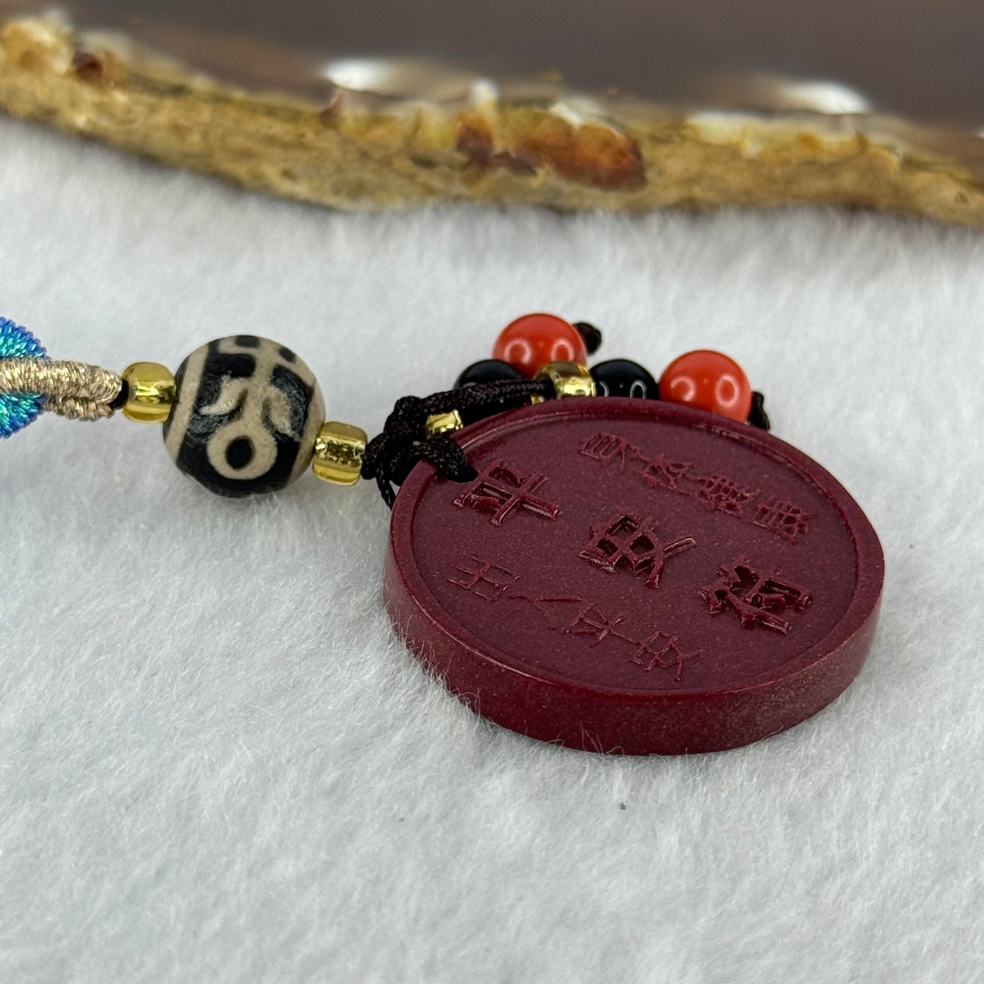 Natural Red Cinnabar Peace Charm with Tibetan Old Oily Agate Patina Guiren Tairen Human Dzi Bead Totem Amulet Heavenly Master (Tian Zhu) Charm 13.64g 29.4 by 4.8mm - Huangs Jadeite and Jewelry Pte Ltd