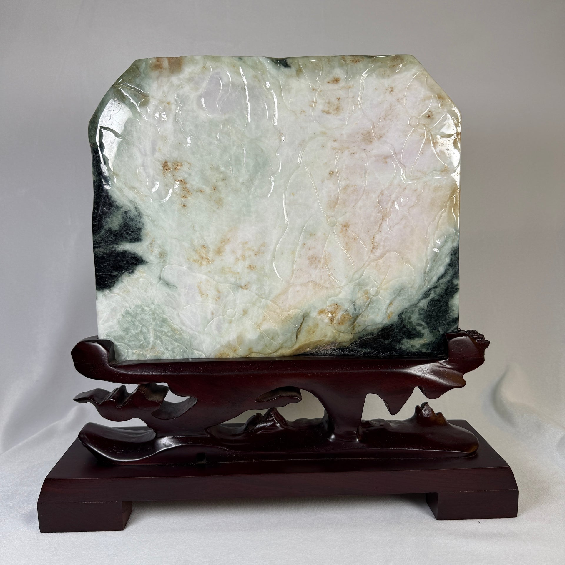 Natural Type A Light Green Light Lavender with Dark Green Patches Jadeite 8 Prosperity Horses with Wooden Stand Display 9,352.7g 275.0 by 100.0 by 360.0mm - Huangs Jadeite and Jewelry Pte Ltd