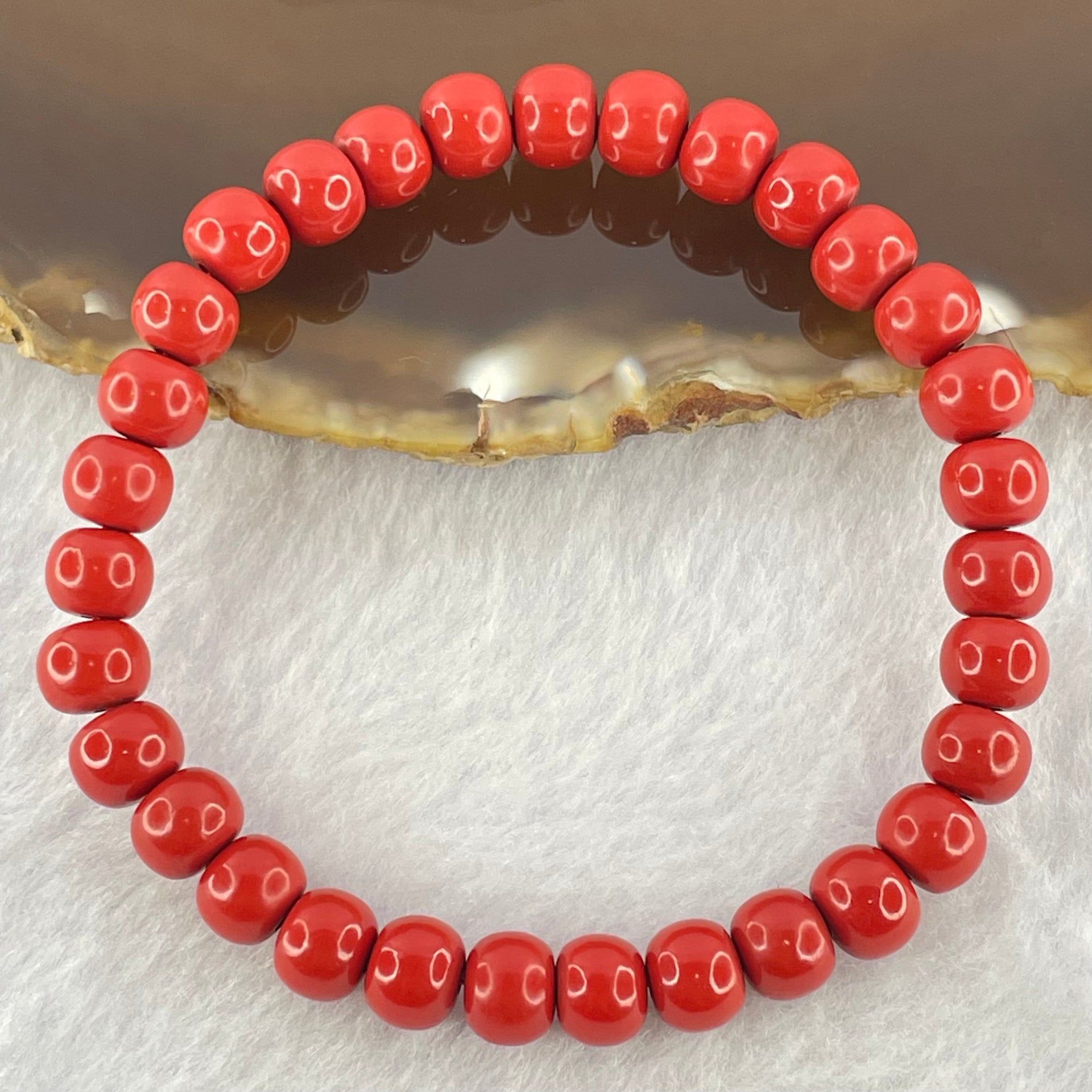 Natural Red Cinnabar Beads Bracelet 37.60g 15.5cm 7.1mm by 31 Beads - Huangs Jadeite and Jewelry Pte Ltd