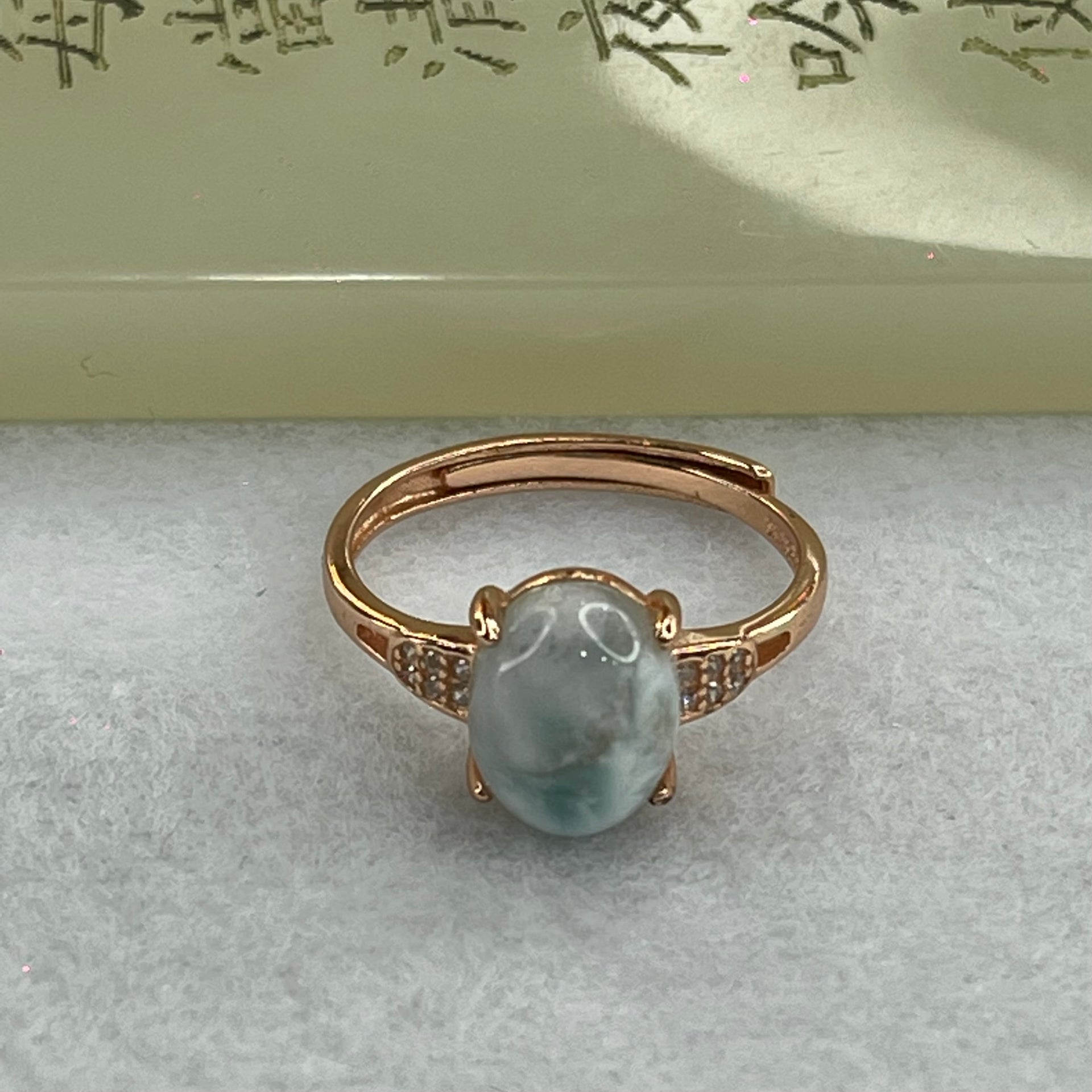 Natural Larimar in S925 Silver Rose Gold Color Ring (Adjustable Size) 2.31g 10.0 by 8.1 by 5.0mm - Huangs Jadeite and Jewelry Pte Ltd