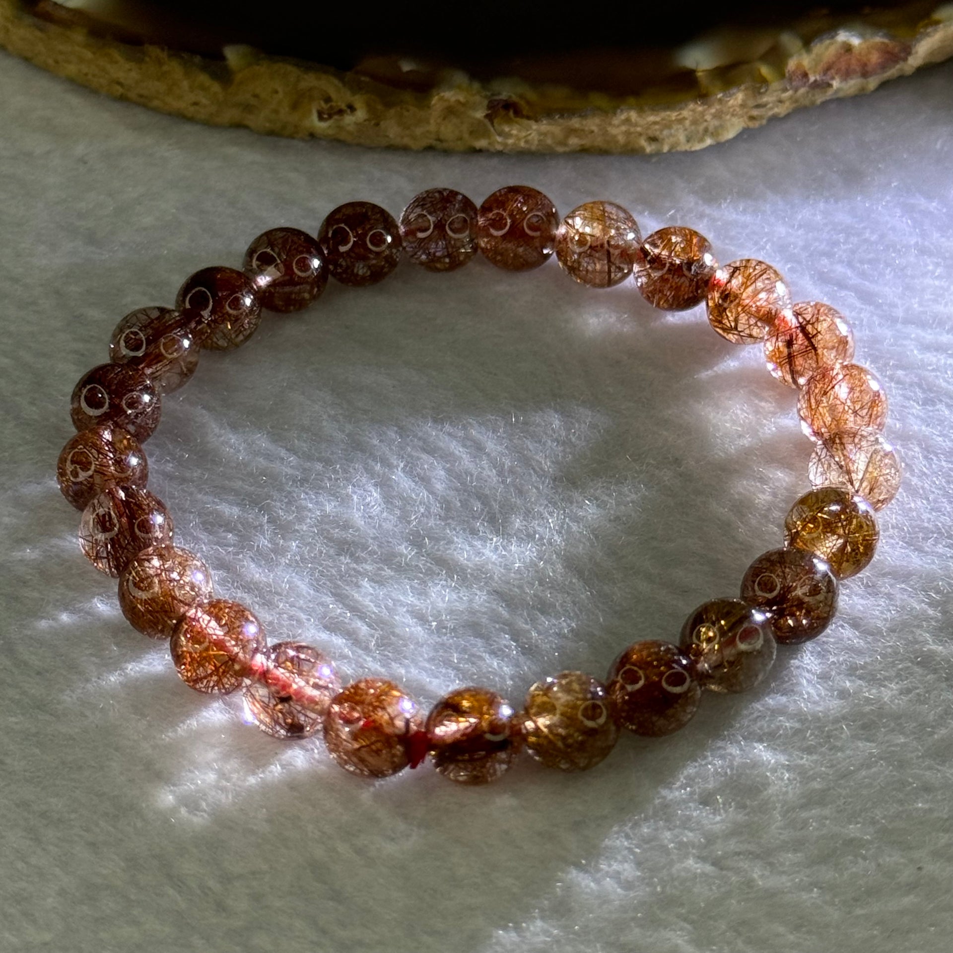 Natural Copper Rutilated Quartz Beads Bracelet 天然銅髮晶手镯 16.01g 16cm 7.9mm 25 Beads - Huangs Jadeite and Jewelry Pte Ltd