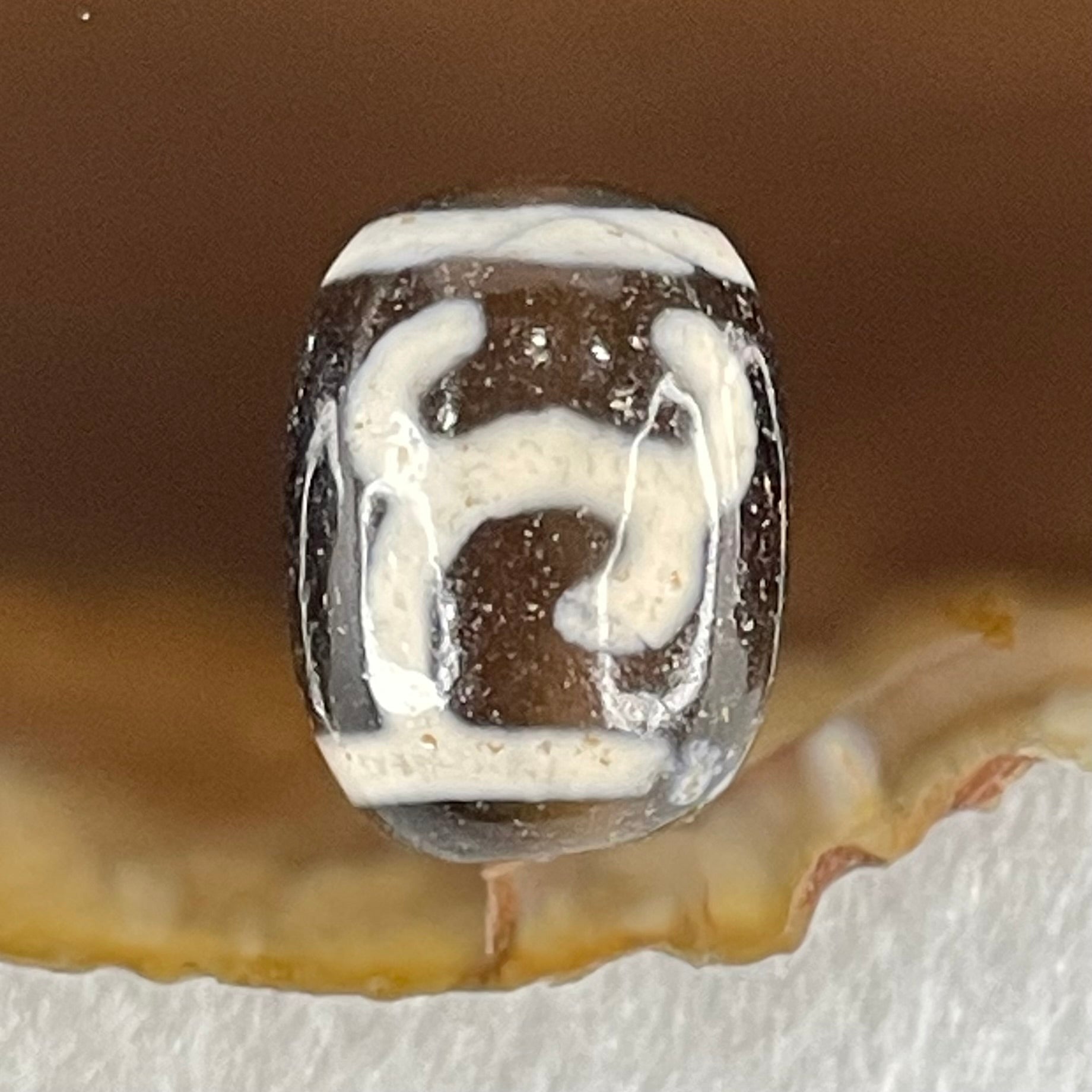 Natural Powerful Tibetan Old Oily Brown Yellowish White Agate Green Tara Dzi Bead Heavenly Master (Tian Zhu) 绿度母天珠 4.62g 17.5 by 13.3mm - Huangs Jadeite and Jewelry Pte Ltd
