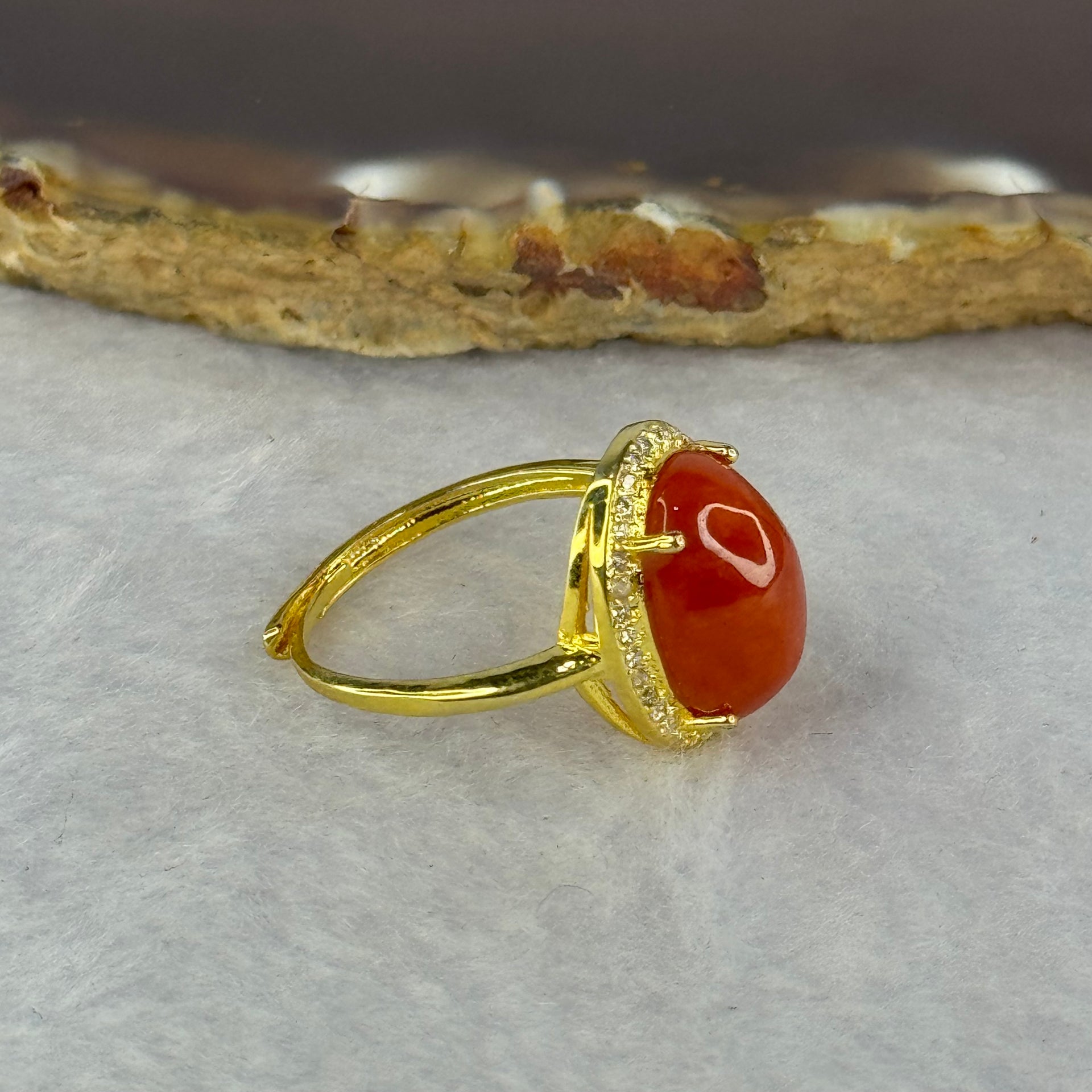 Natural Red Cinnabar in S925 Silver with Gold Color Ring (Adjustable Size) 红朱砂925银戒指 3.13g 13.2 by 10.2 by 6.5mm - Huangs Jadeite and Jewelry Pte Ltd