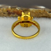 Type A Burmese Icy Gull Spicy Green Jade Jadeite Fortune Cat 18k yellow gold 4.61g Fortune cat 11.9 by 11.2 by 6.8mm with Diamonds Ring inner diameter 16.9mm US6.5 HK14.5 Inner Dia 17.0mm - Huangs Jadeite and Jewelry Pte Ltd