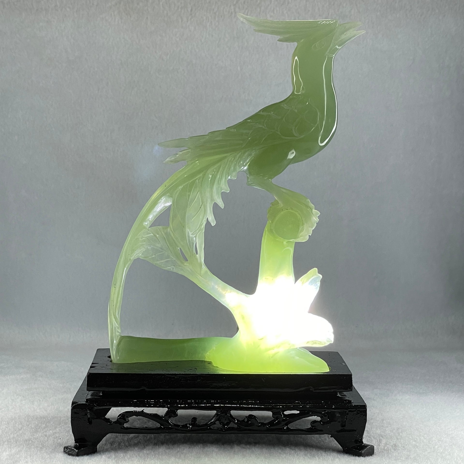 Natural Green Serpentine Phoenix Birds on Tree with Wooden Stand Display 366.6g 139.0 by 198.0 by 75.0mm - Huangs Jadeite and Jewelry Pte Ltd