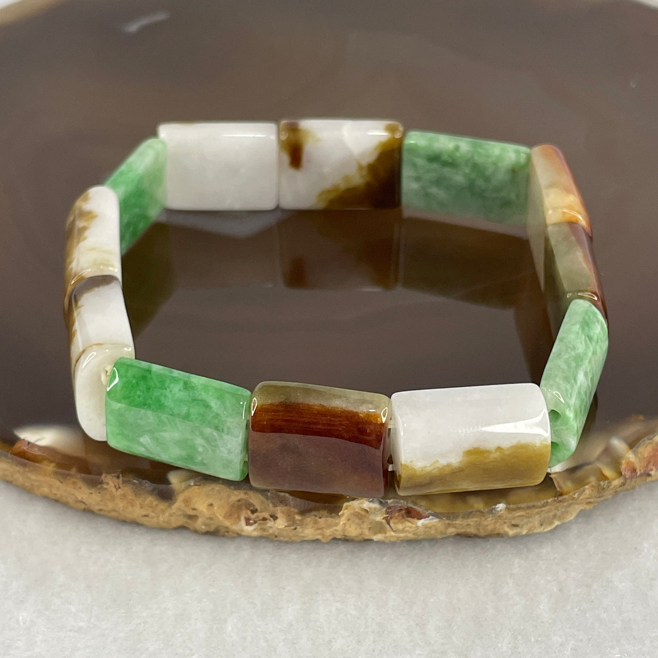 Natural Type A Green with Brownish Reddish Jadeite Shou Pai Bracelet | Certified Untreated Fei Cui Curved Plaque Link Bracelet (40.40g | 17.5cm 13.5 by 7.6mm | 12 Pcs)