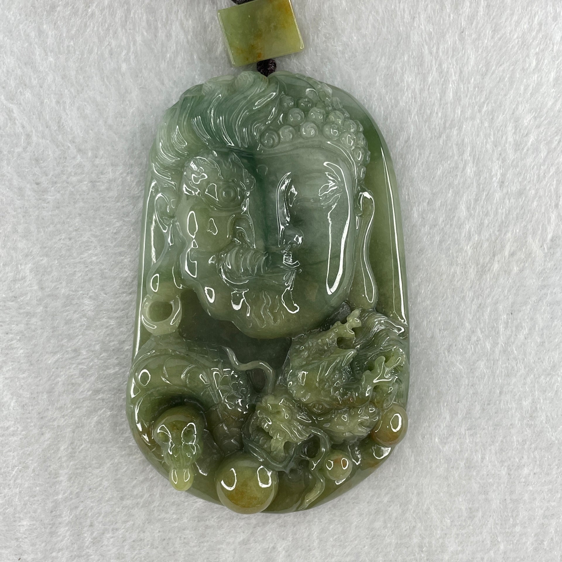 Natural Type A Blueish Green with Light Brown Jadeite Good Vs Evil (Buddha Vs Devil) with Dragon 80.23g 68.0 by 43.7 by 12.3mm - Huangs Jadeite and Jewelry Pte Ltd