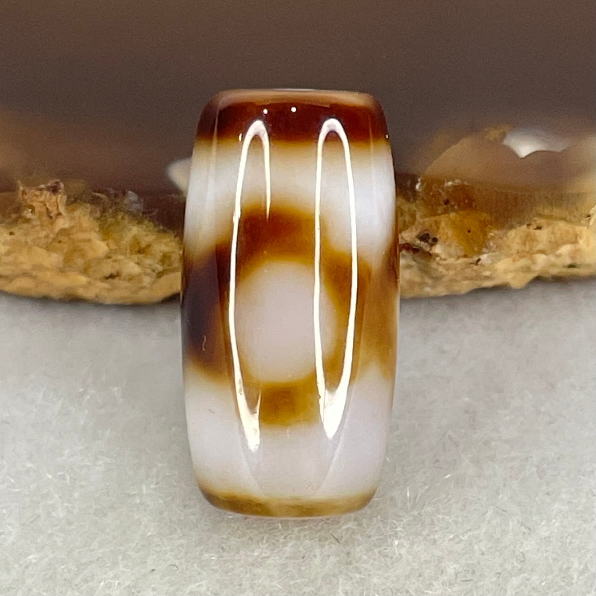 Natural Powerful Tibetan Old Oily White with Dark Brown Agate 3 Eyes Dzi Bead Heavenly Master (Tian Zhu) 三眼天诛 3.49g 19.6 by 10.3mm - Huangs Jadeite and Jewelry Pte Ltd