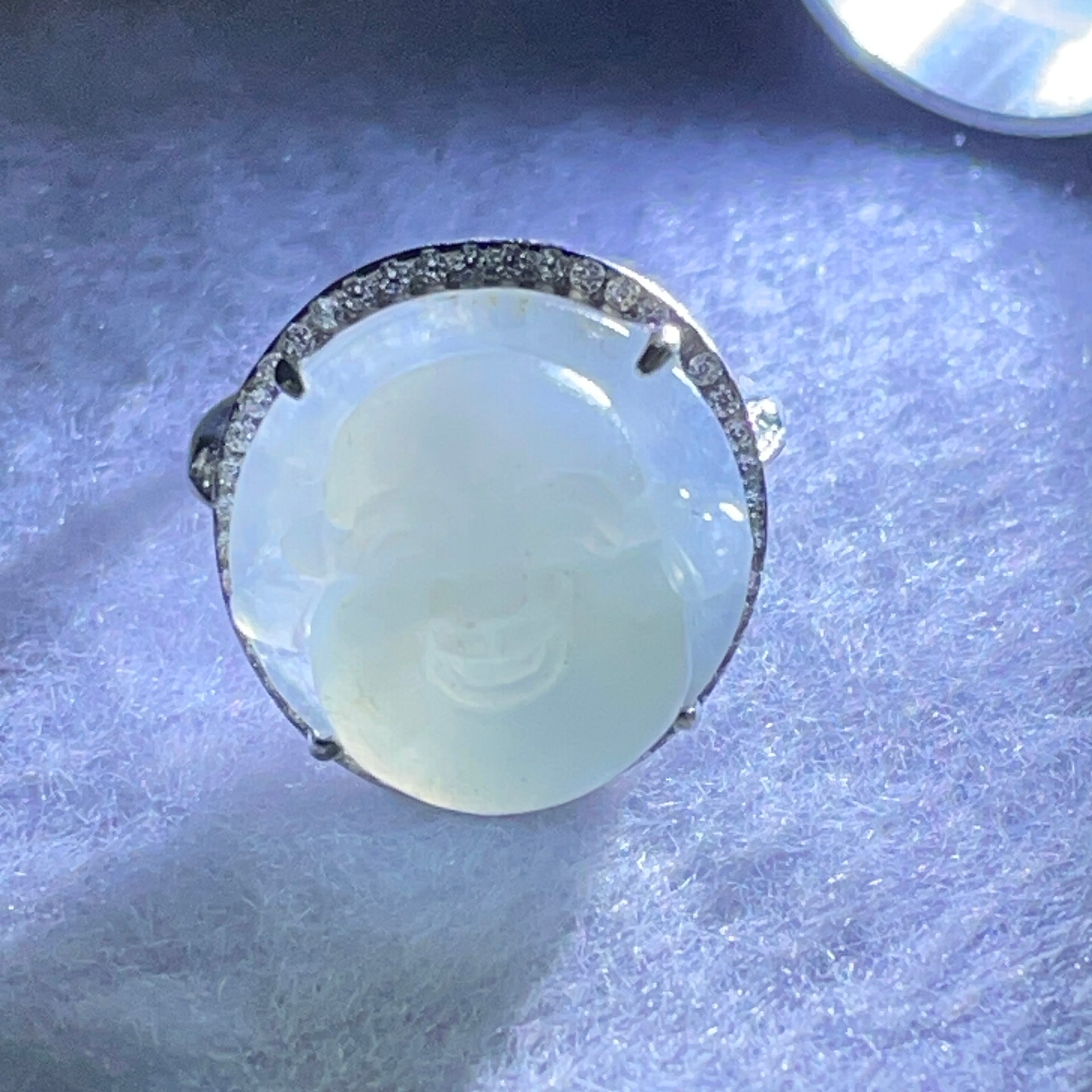 Type A Faint Lavender Green Jadeite Milo Buddha in S925 Ring (Adjustable Size) 6.28g 16.6 by 16.6 by 9.2mm - Huangs Jadeite and Jewelry Pte Ltd