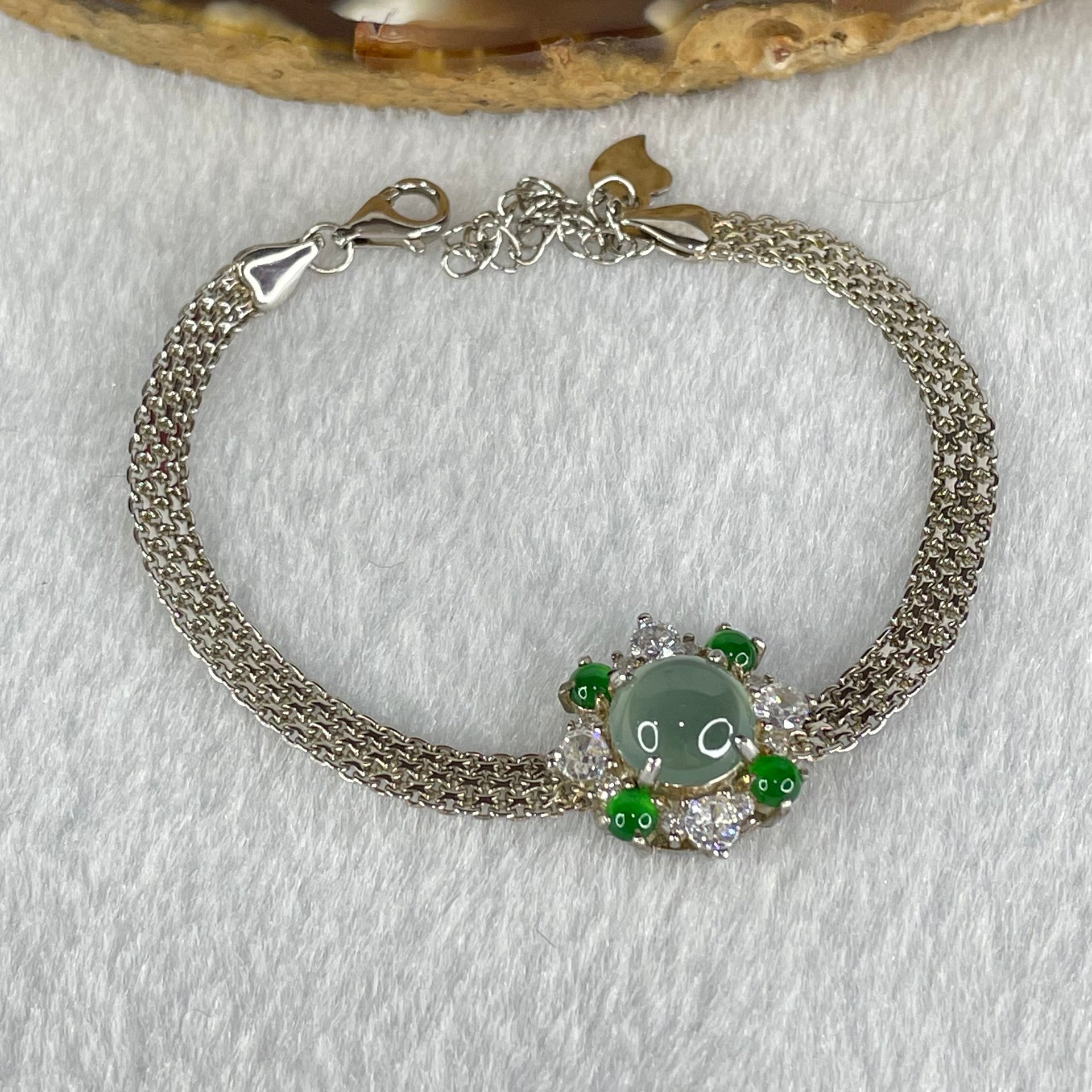 Type A Icy Blueish Green 7.9 by 3.5mm and Green Jadeite Cabochons With Crystals in S925 Sliver Bracelet 4.94g - Huangs Jadeite and Jewelry Pte Ltd