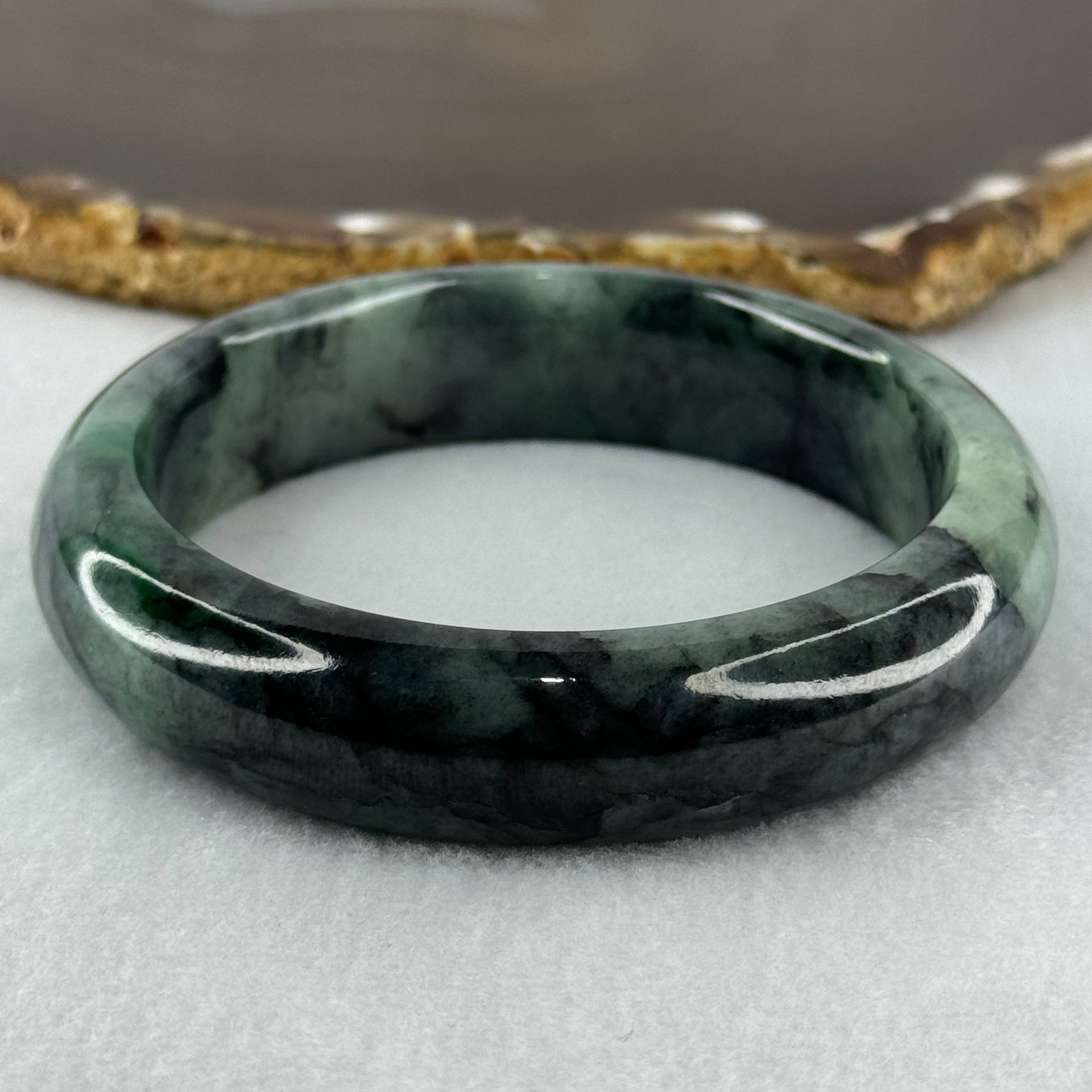 Type A Green and Black to Dark Green Piao Hua Jadeite Bangle Internal Diameter 58.2mm 73.13g 15.0 by 8.9mm (Internal Lines) - Huangs Jadeite and Jewelry Pte Ltd