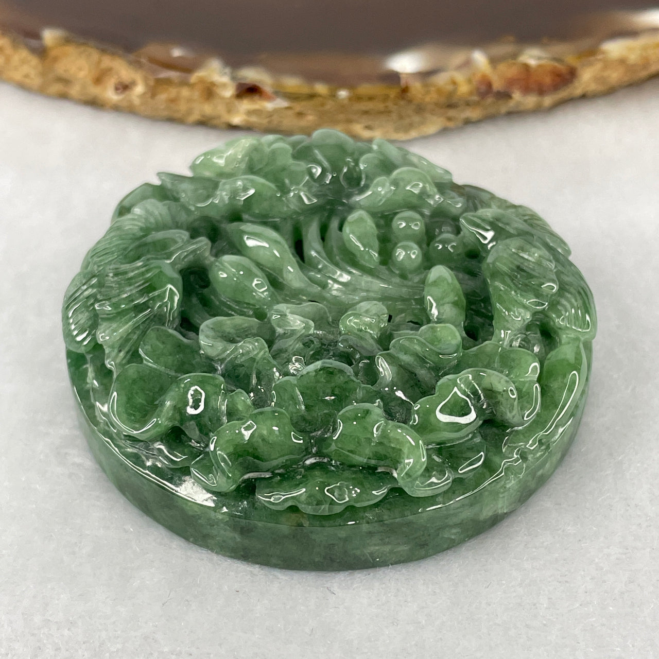Natural Type A Green Jadeite Twin Birds with Flower Pendant | 100% Untreated Master Carved Fei Cui Sculptural Talisman | Fine Heirloom Investment Jewelry (72.36g | 52.5mm × 14.5mm)