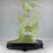 Natural Green Serpentine 3 Magpies Birds on Tree with Wooden Stand Display 807.0g 175.0 by 120.0 by 200.0mm - Huangs Jadeite and Jewelry Pte Ltd