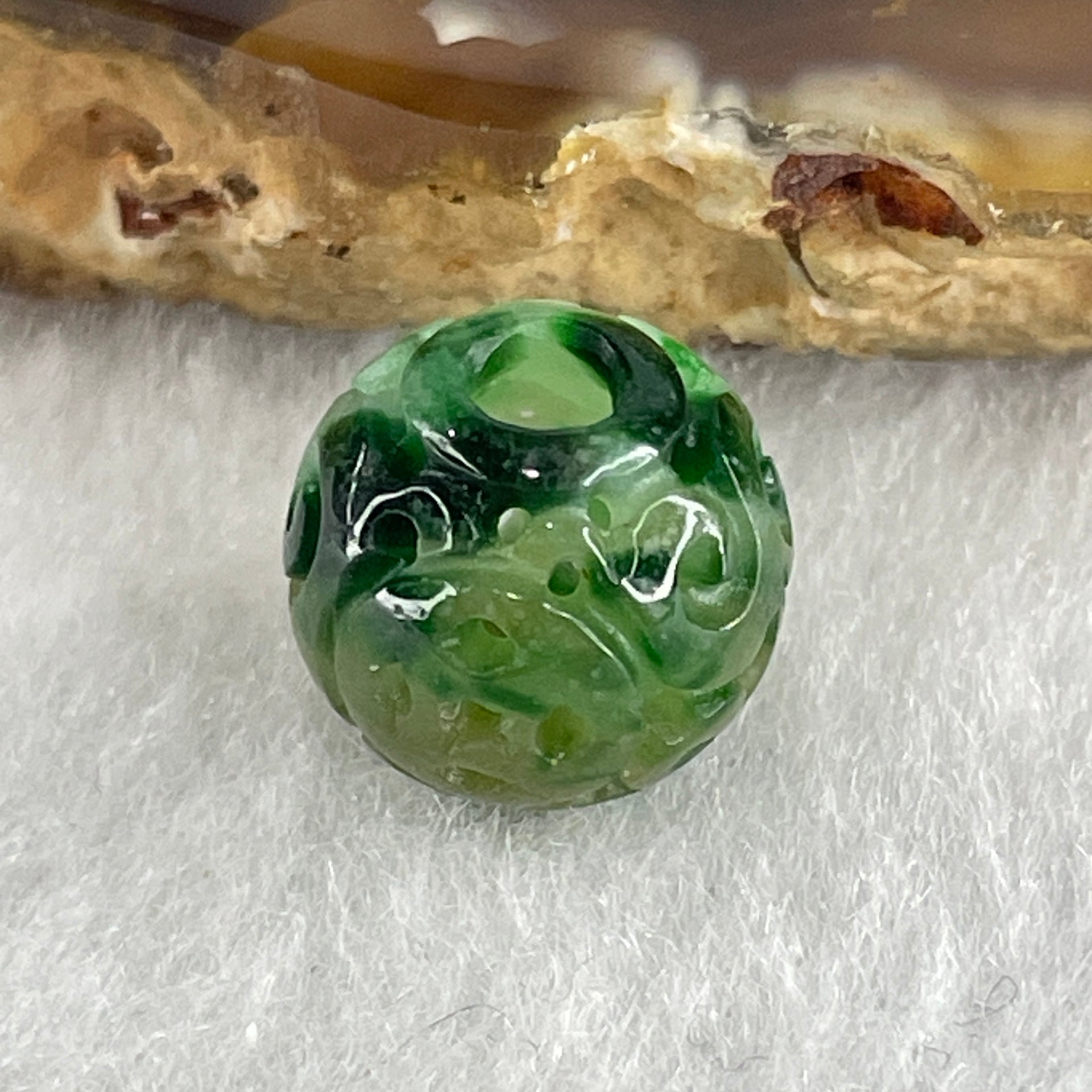 Natural Type A Lao Keng Old Mine Green Jadeite Flora Carving Bead Charm 1.36g 11.4mm - Huangs Jadeite and Jewelry Pte Ltd