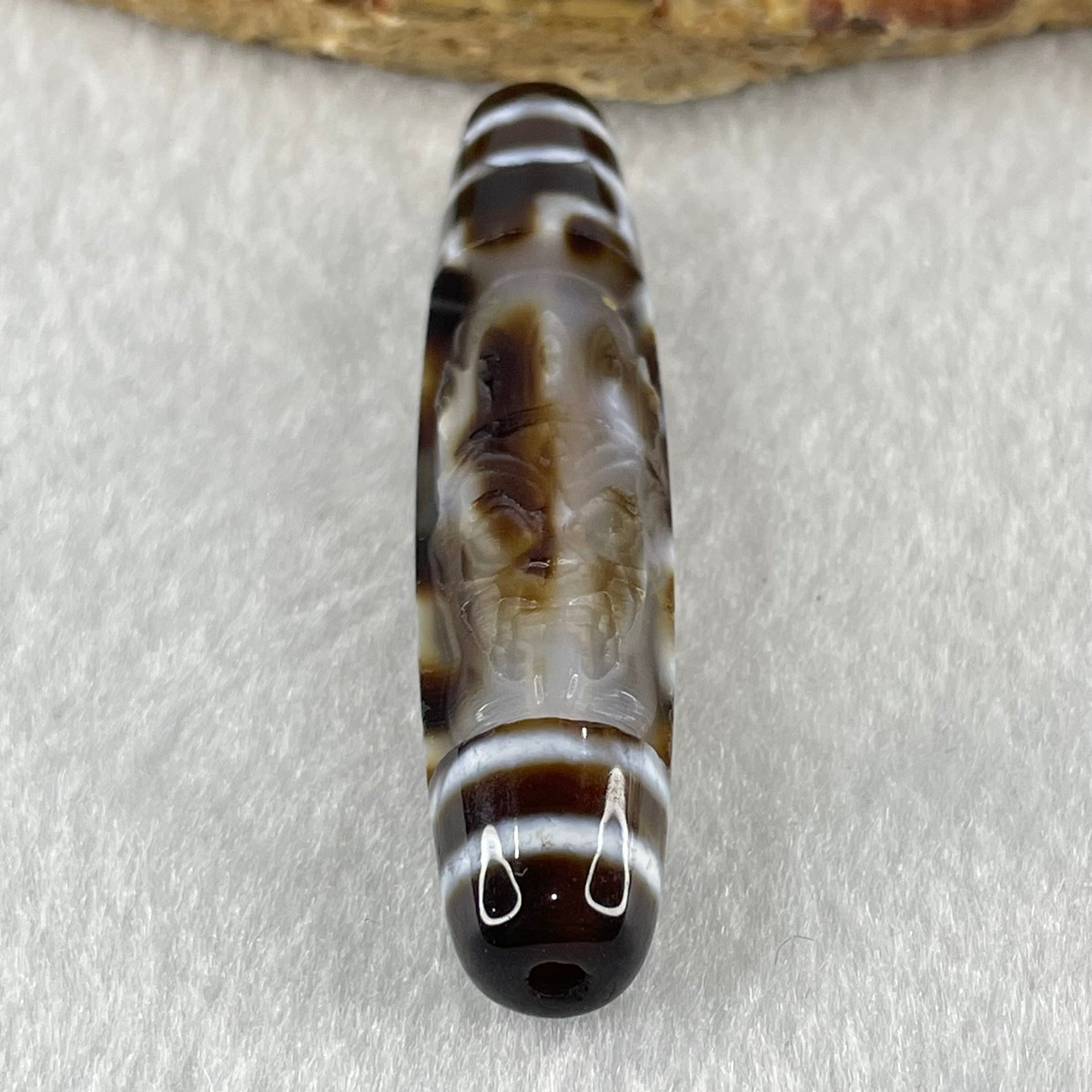 Natural Powerful Tibetan Old Oily Agate 4 Eyes with Zha Ji La Mu Female Cai Shen Carvings Dzi Bead Heavenly Master (Tian Zhu) 四眼扎基拉姆女财神天诛 13.03g 57.9 by 13.0mm - Huangs Jadeite and Jewelry Pte Ltd