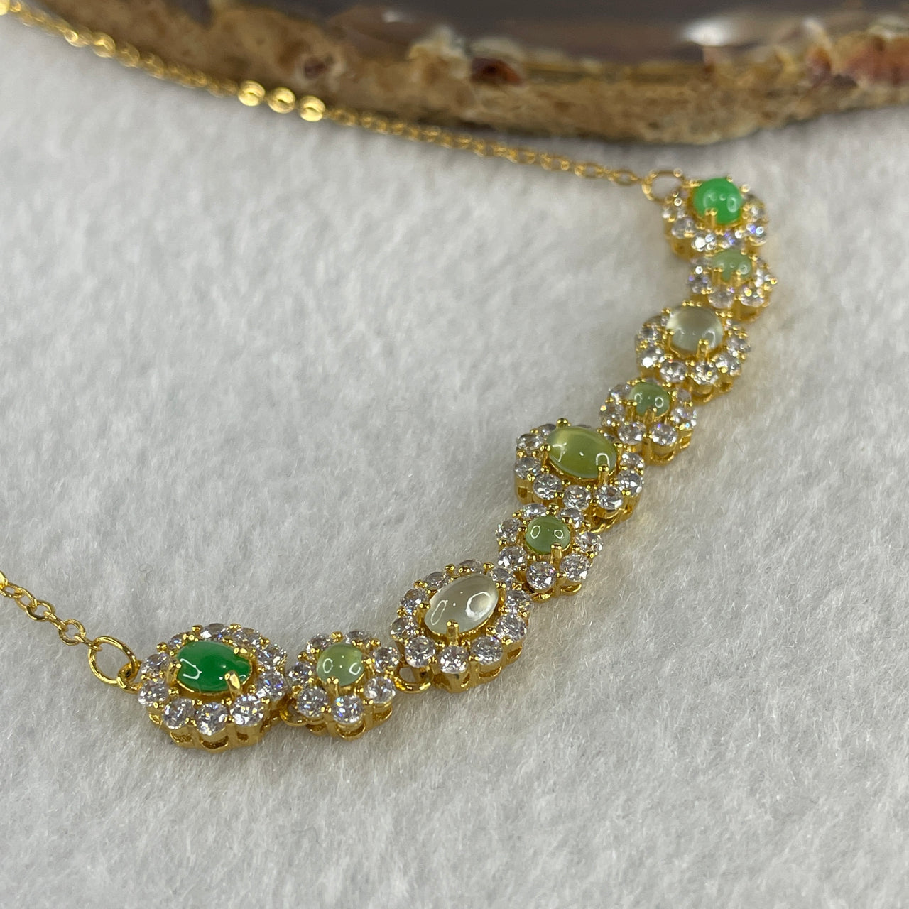 Type A Icy Green Jadeite in S925 Sliver in Gold Color Necklace 6.51g 5.1 by 3.5 by 2.0mm - Huangs Jadeite and Jewelry Pte Ltd