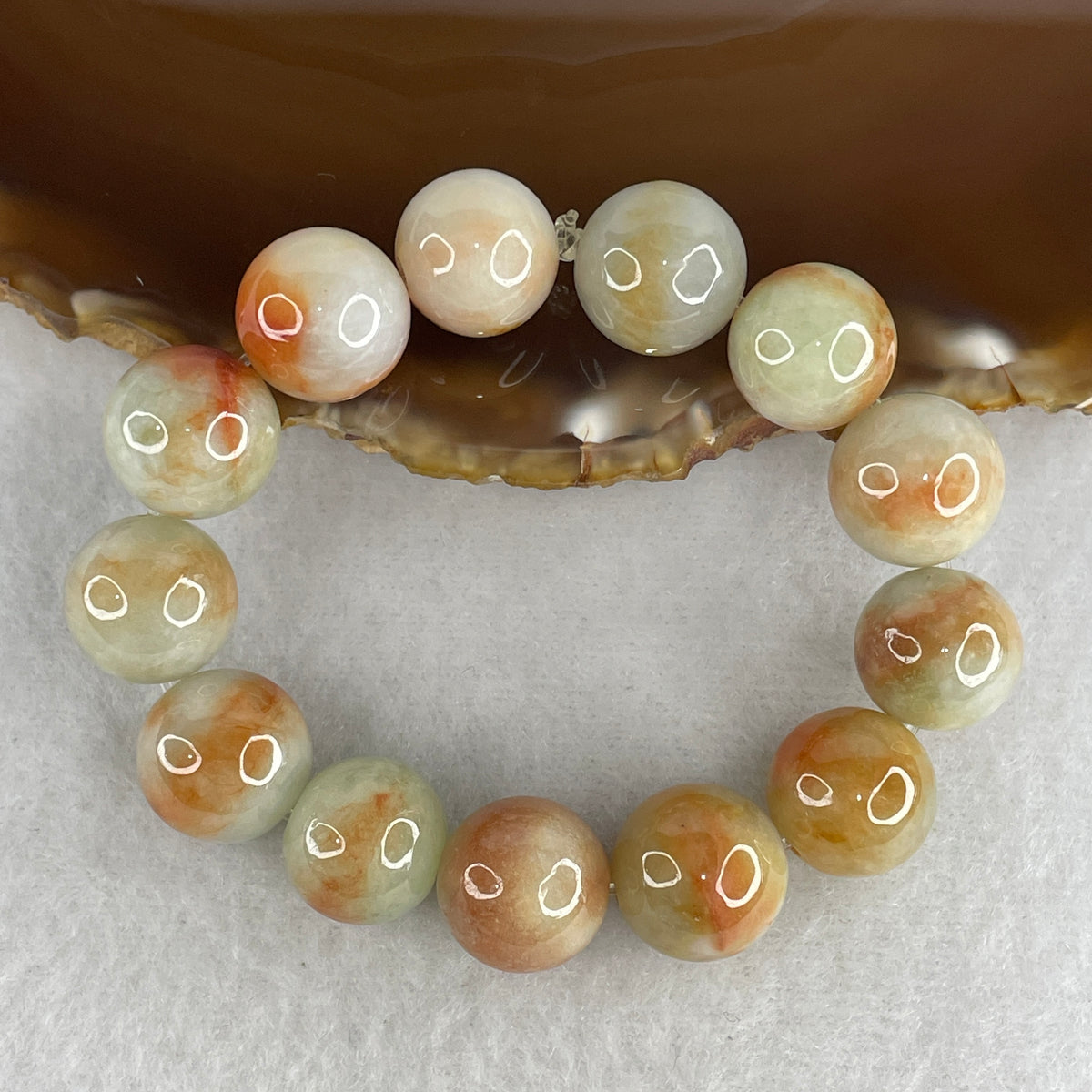 Natural Type A Reddish Brown & Green Jadeite Beads Bracelet | 13cm 13 Beads 13.6mm (53.86g | Vital Passion, Courage & Dual Wealth Attraction)