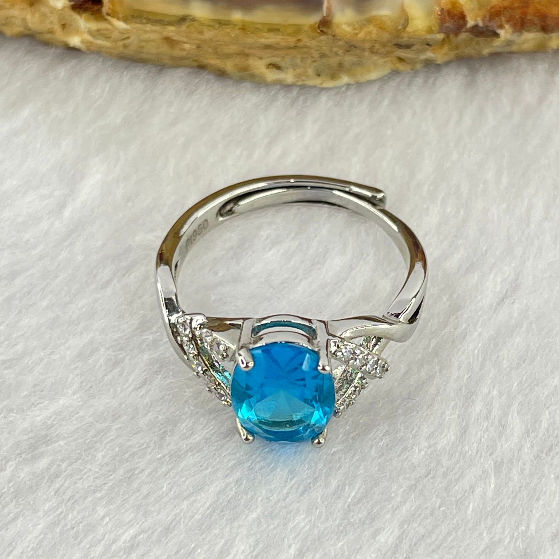 Blue Cubic Zirconia with Crystals in PT950 Plated Sliver Ring (Adjustable Size) 2.17g 8.4 by 6.8 by 4.5mm - Huangs Jadeite and Jewelry Pte Ltd