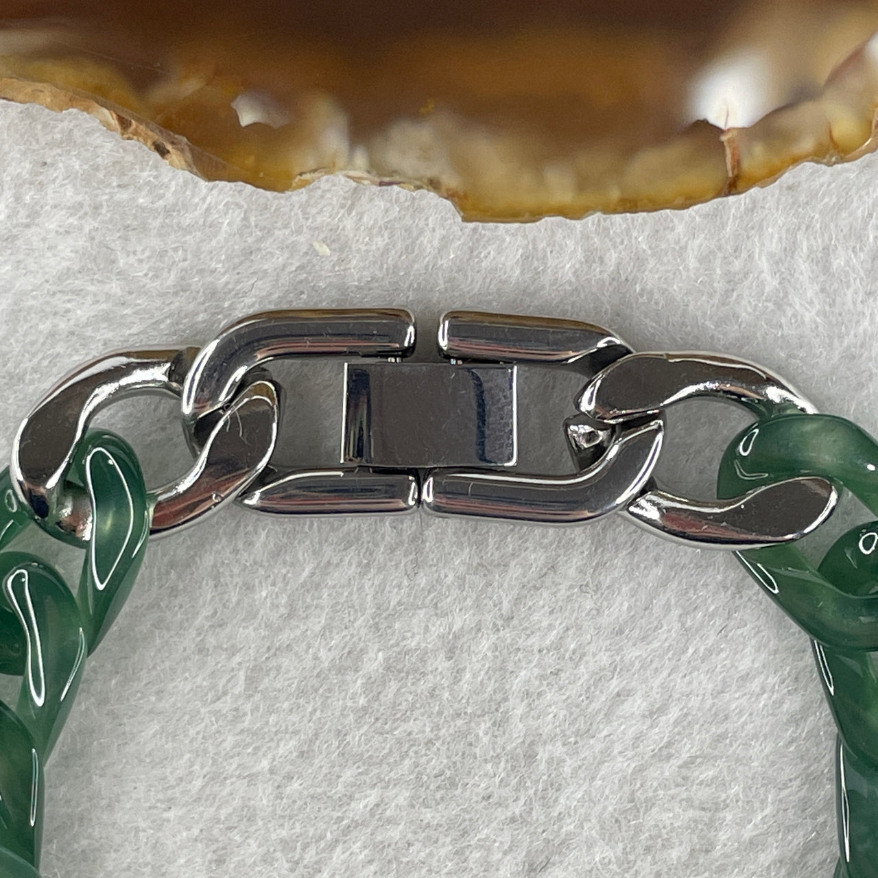 Certified Natural Type A Semi Icy Dark Blueish Green Jadeite Cuban Tennis Bracelet with Stainless Steel Clap 18.27g 17cm 10.9 by 15.6 by 3.0mm 16 Pcs