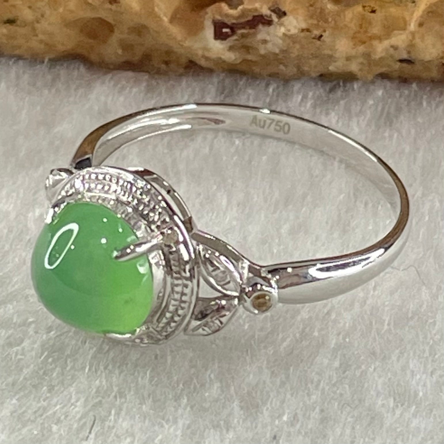 Type A Icy Light Intense Green Jadeite with Diamonds in 18K White Gold Ring 1.91g 7.3 by 4.0mm US6.7 HK14.8 - Huangs Jadeite and Jewelry Pte Ltd