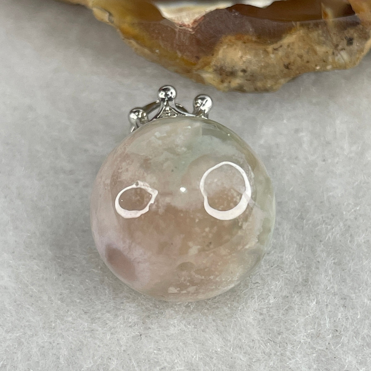 Natural Pink & Green Flower Agate Spherical Ball Pendant with Royal Crown Clasp | Dual-Tone Cherry Blossom Quartz Heart & Growth Talisman (5.88g | 15.5mm Sphere)