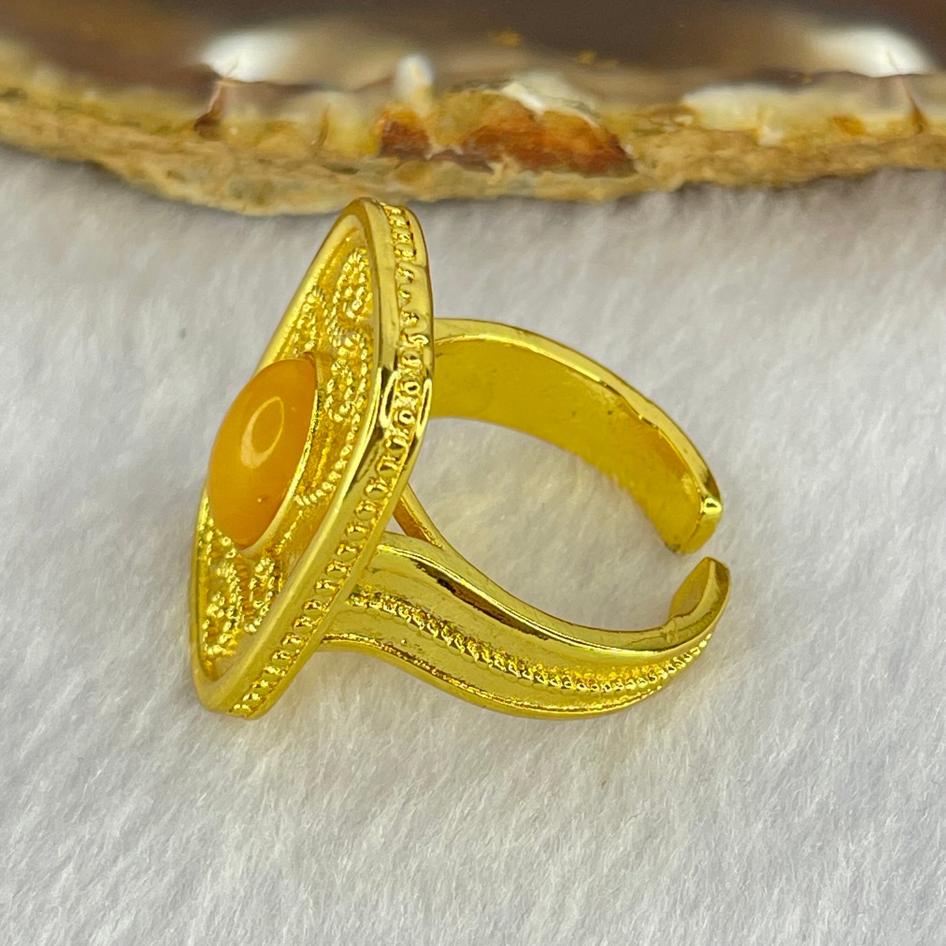 Natural Butterscotch Amber in  Sliver Gold Color Ring (Adjustable Size) 7.53g 10.2 by 6.6 by 3.5mm - Huangs Jadeite and Jewelry Pte Ltd