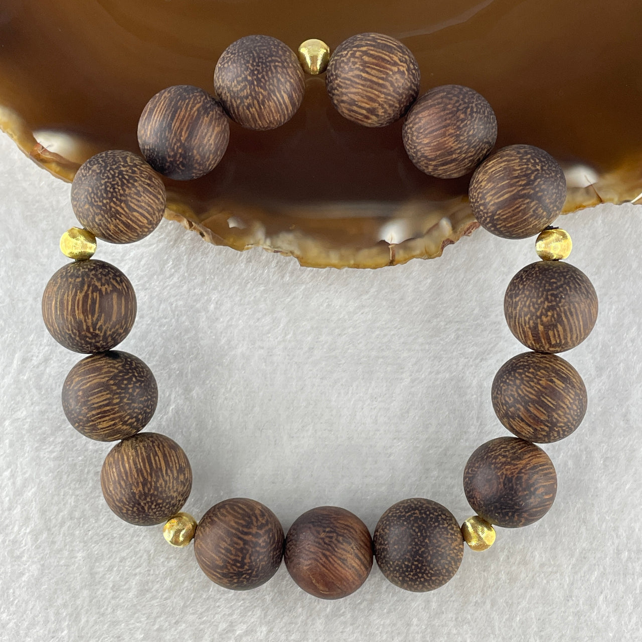 Natural Agarwood with Gold Color Charms Beads Bracelet 28.81g 19cm 15.0mm 15 Beads (Very Slightly Scented)