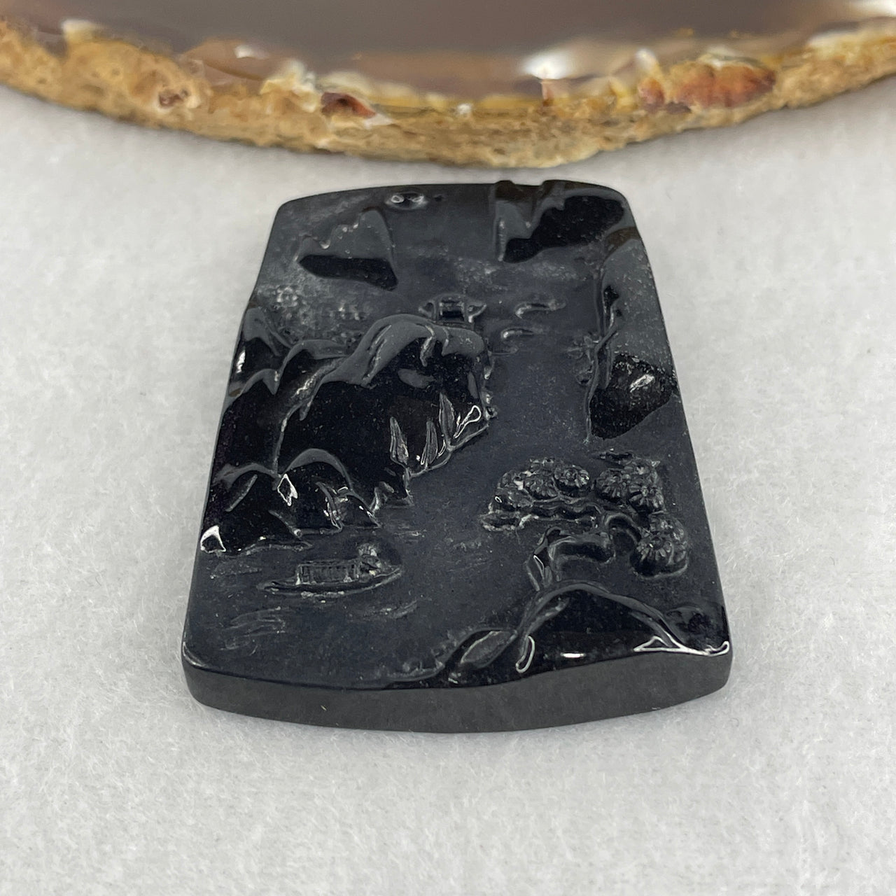 Certified Type A Opaque Black Omphacite Jadeite Shan Shui & Gui Ren Pendant | 54mm Natural Black Jade Mountain Water & Benefactor Talisman (17.32g | 54.7 x 37.9 x 7.9mm)