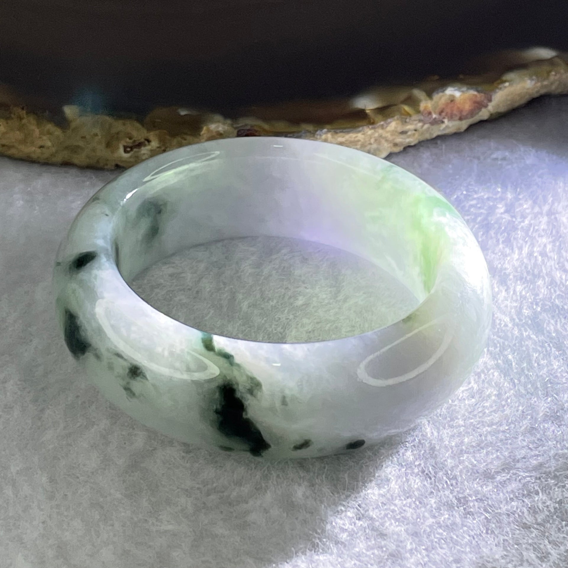 Type A Lavender Green with Dark Green Piao Hua Jadeite Baby Bangle Internal Diameter 40.3mm 48.77g 15.9 by 8.1mm - Huangs Jadeite and Jewelry Pte Ltd