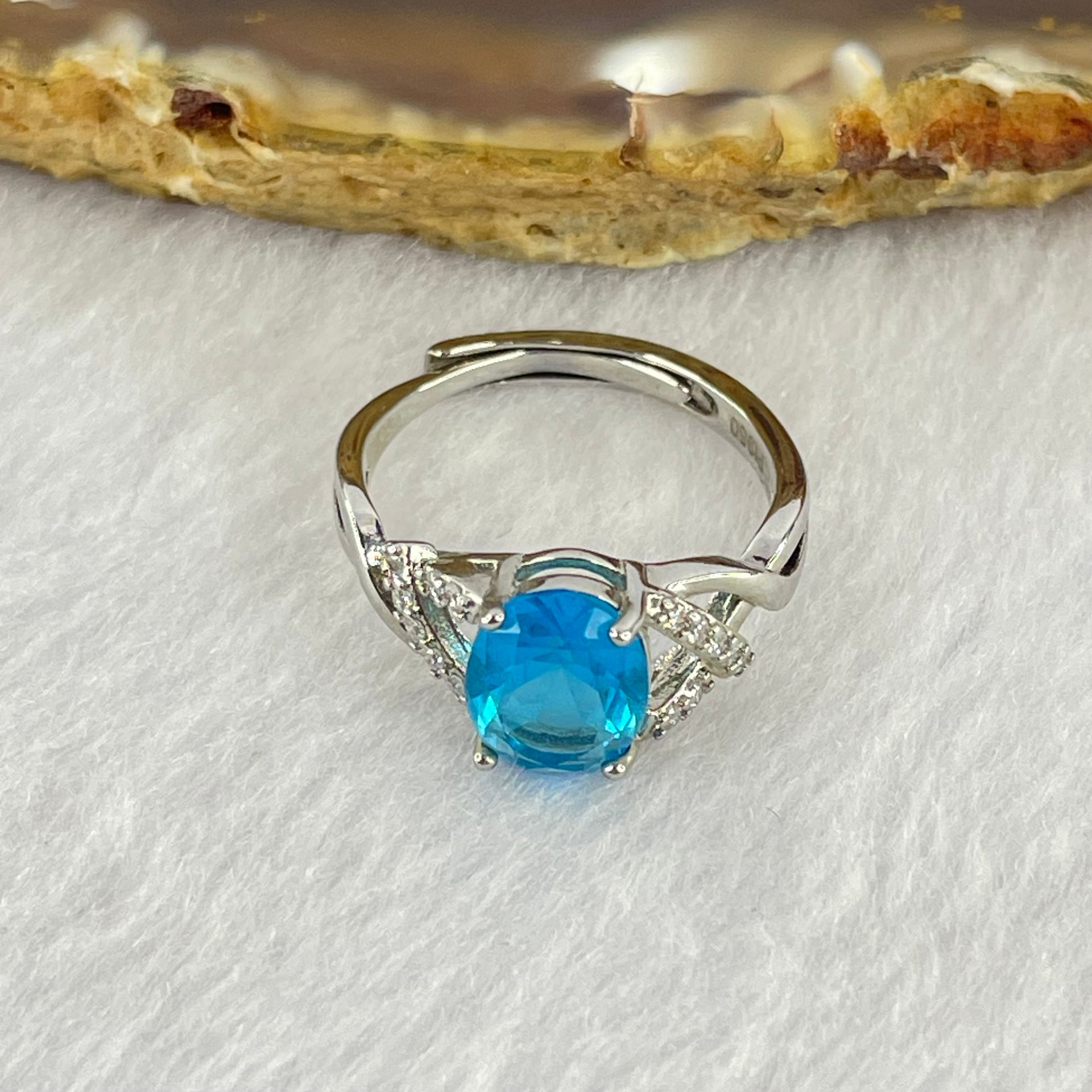 Blue Cubic Zirconia with Crystals in PT950 Plated Sliver Ring (Adjustable Size) 2.17g 8.4 by 6.8 by 4.5mm - Huangs Jadeite and Jewelry Pte Ltd