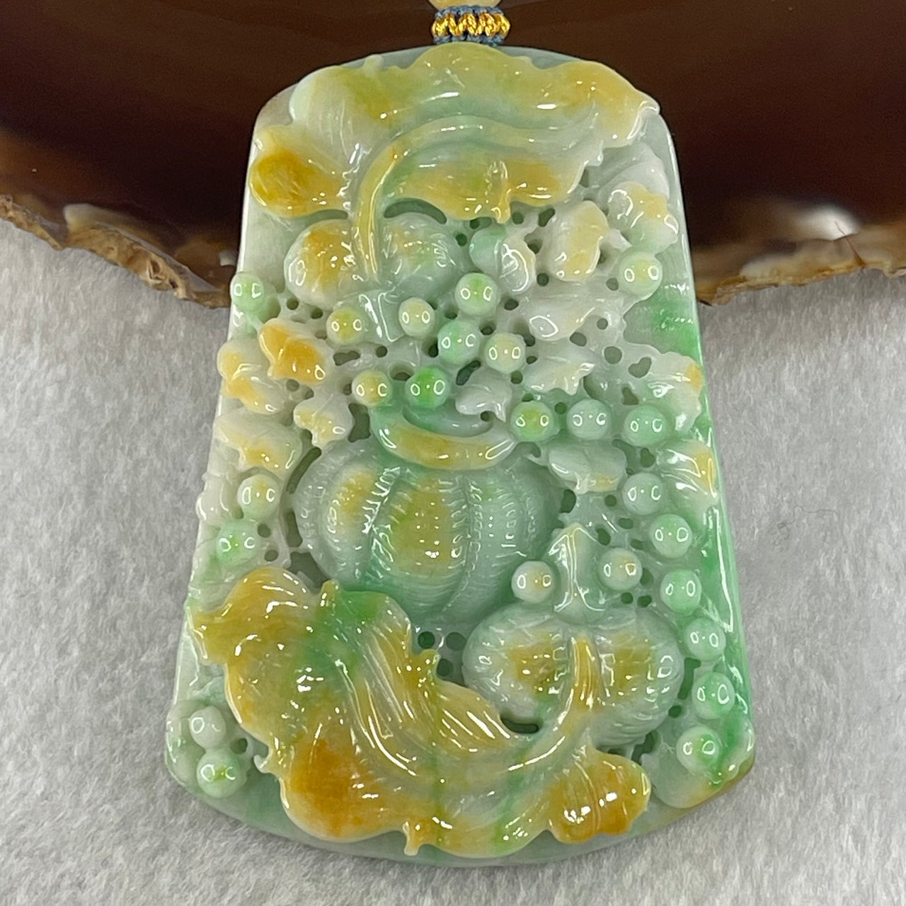 Grand Master Type A Green with Yellow Patches Jadeite Goldfish Pair and Basket of Flowers Pendant 连年有余 109.37g 76.2 by 53.5 by 12.3mm - Huangs Jadeite and Jewelry Pte Ltd
