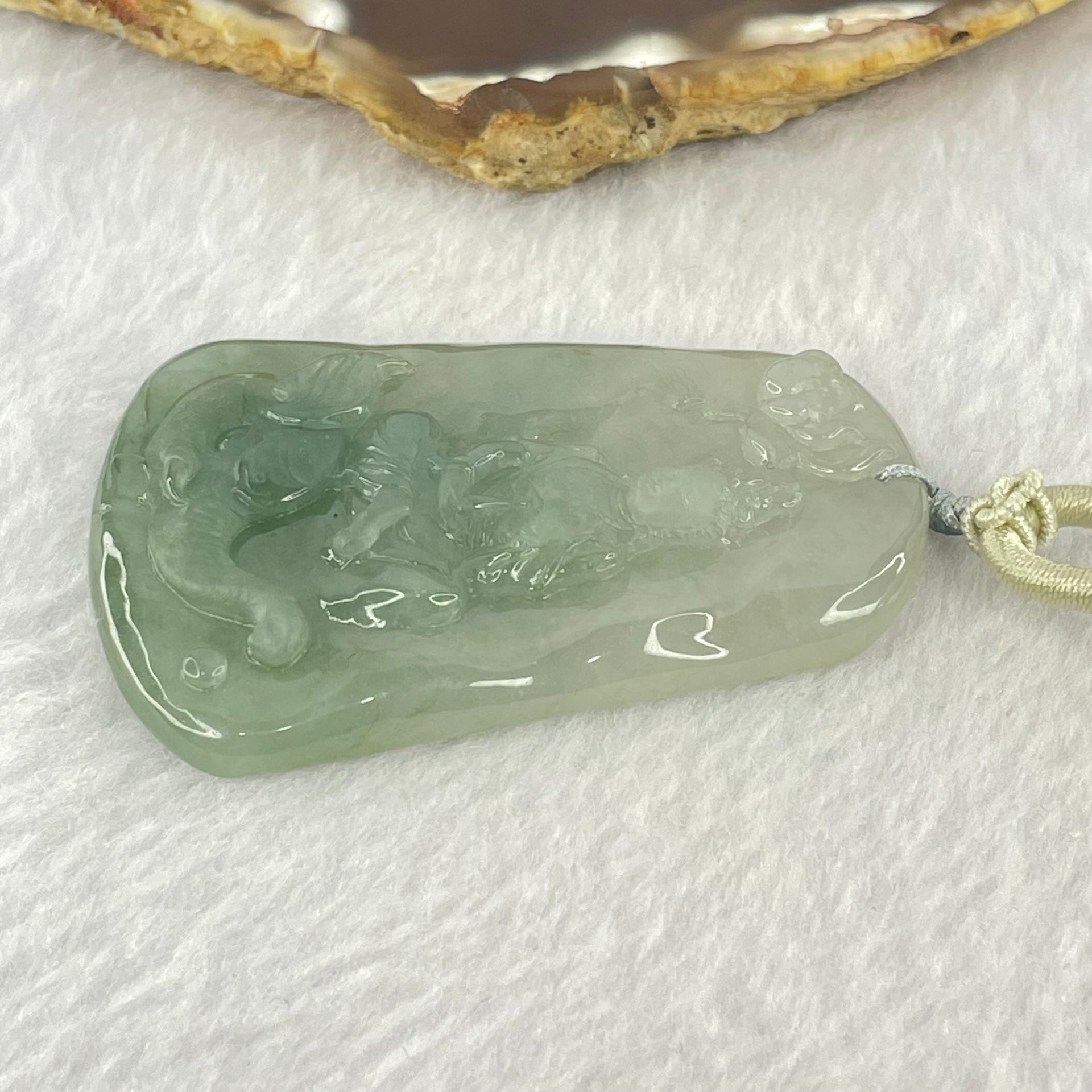 Type A Semi Icy Blueish Green Jadeite Guan Yin With Elephant and Flower Samantha Bodhisattva Pendant 31.38g 58.4 by 38.8 by 7.2mm - Huangs Jadeite and Jewelry Pte Ltd