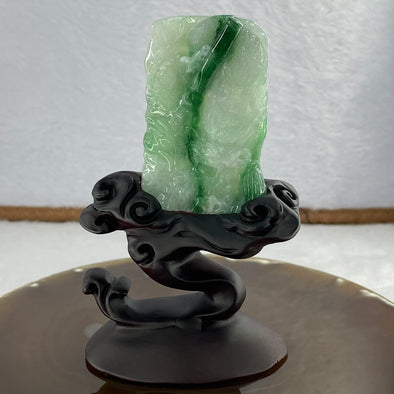 Rare Grand Master Type A Light Green with Spicy Green Veins Dragon with Scroll Fortune Wheel and Prosperity Peanut 56.09g 64.2 by 37.6 10.8mm with Wooden Stand - Huangs Jadeite and Jewelry Pte Ltd