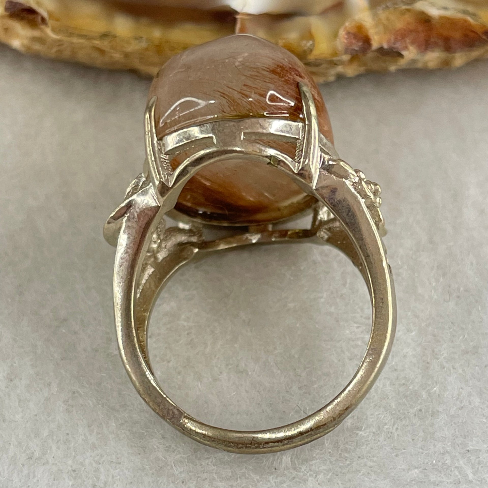 Average Grade Natural Copper Rutilated Quartz Cabochon in S925 Silver Flower design Ring (Adjustable Size) 8.20g 19.0 by 14.1 by 11.5mm - Huangs Jadeite and Jewelry Pte Ltd