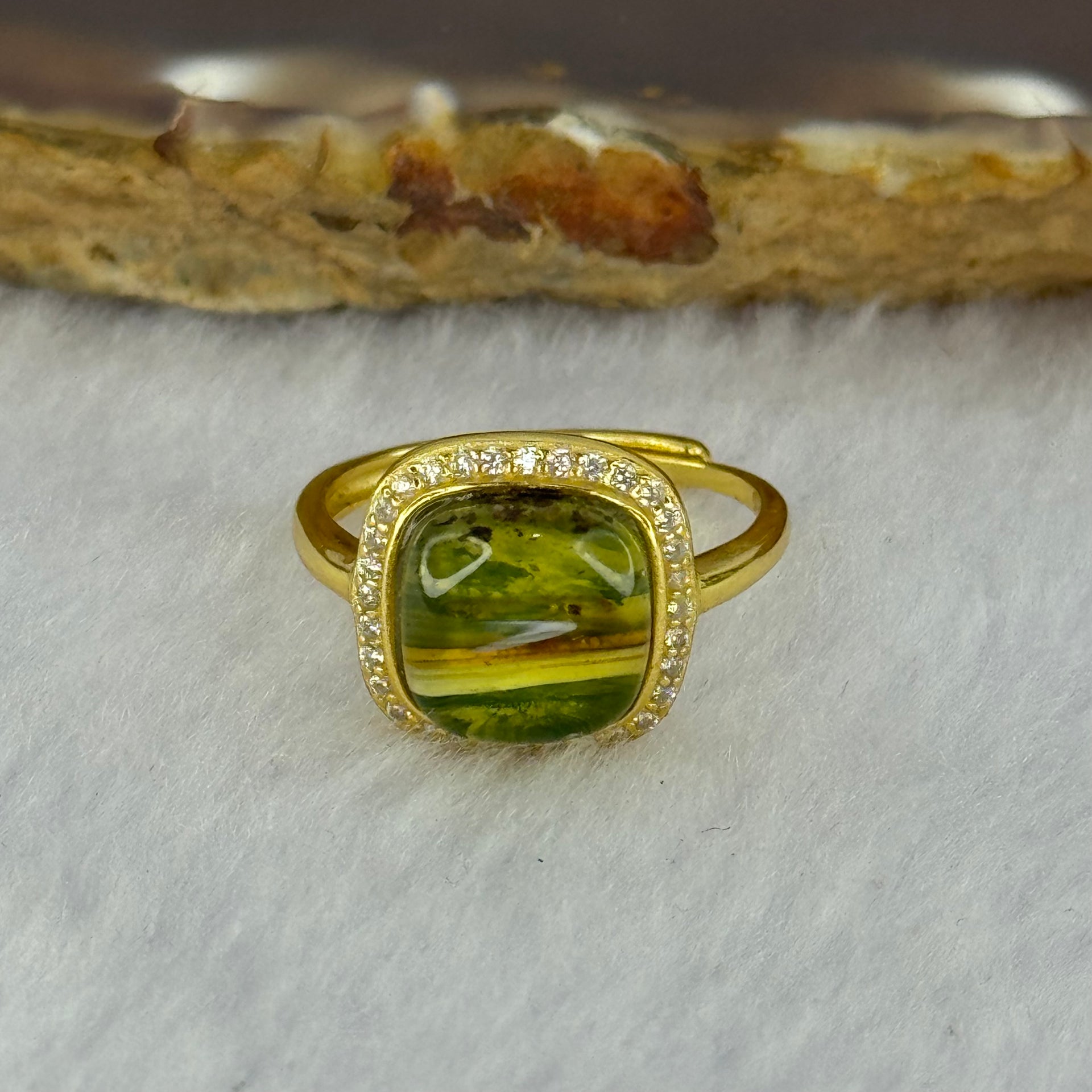 Natural Green Amber with Milk Inclusions in S925 Sliver Gold Color Ring (Adjustable Size) 2.17g 90.0 by 4.0mm - Huangs Jadeite and Jewelry Pte Ltd