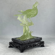 Natural Green Serpentine Javan Mynah Birds on Tree with Wooden Stand Display 338.9g 125.0 by 175.0 by 78.0mm - Huangs Jadeite and Jewelry Pte Ltd