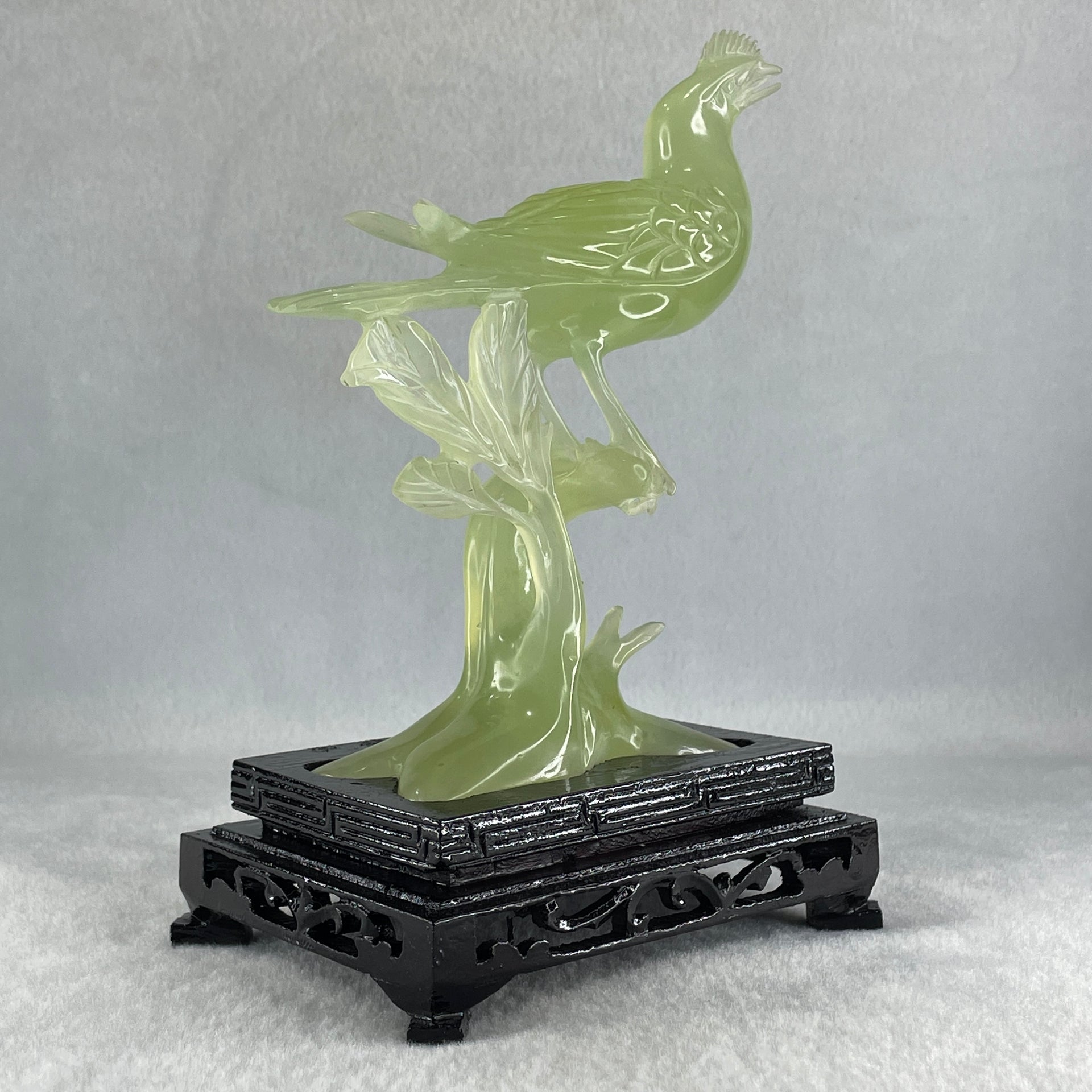 Natural Green Serpentine Javan Mynah Birds on Tree with Wooden Stand Display 338.9g 125.0 by 175.0 by 78.0mm - Huangs Jadeite and Jewelry Pte Ltd