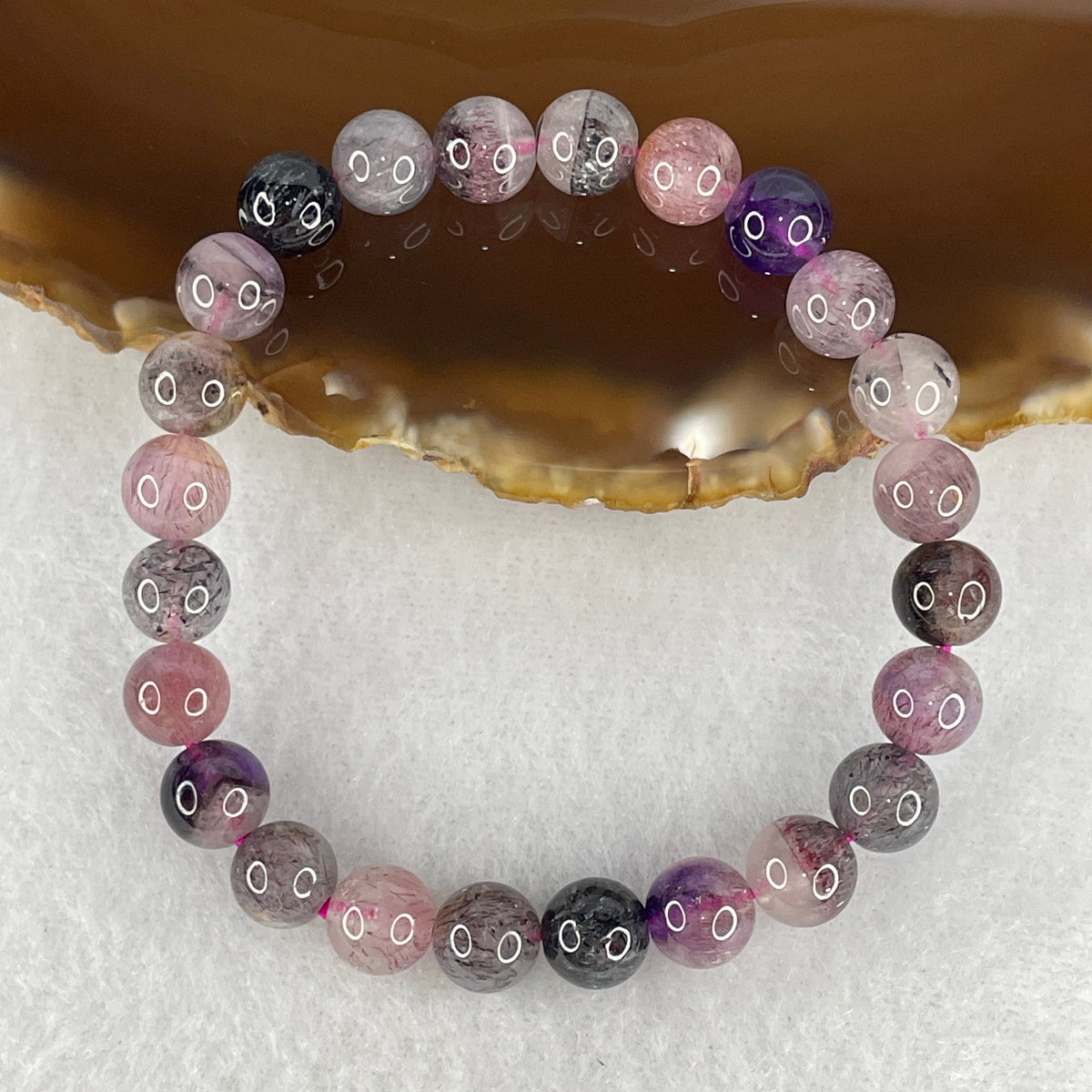 Certified Above Average Grade Natural Super 7 Crystal Beads Bracelet | 7.6mm Dainty Sacred 7-Mineral Synergy Power (14.60g | 14.5cm  Wrist Sizing | 24 Beads)