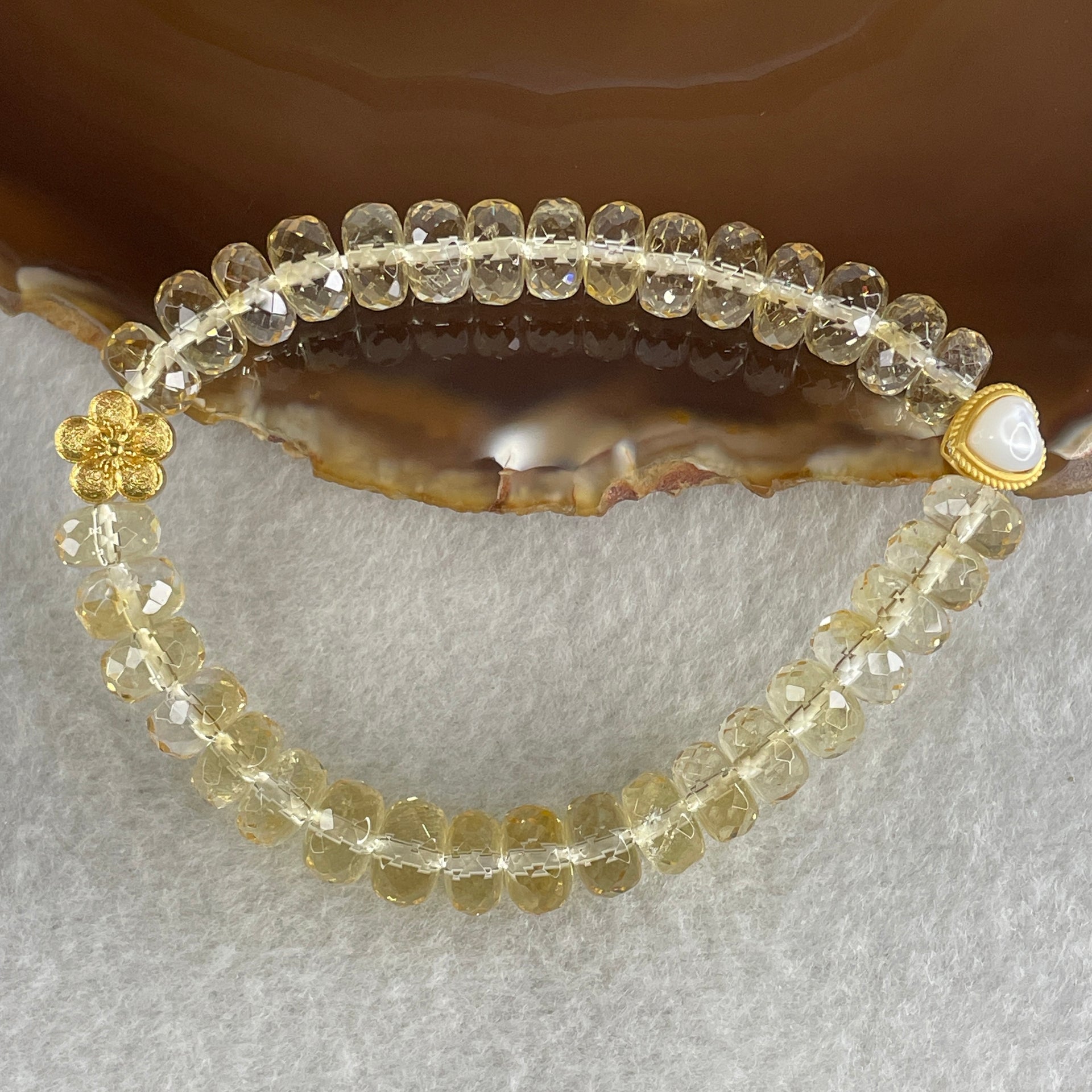 Natural Citrine Donut with Heart Shape Charm Bracelet 20.03g 15cm 8.5mm 34 Beads - Huangs Jadeite and Jewelry Pte Ltd
